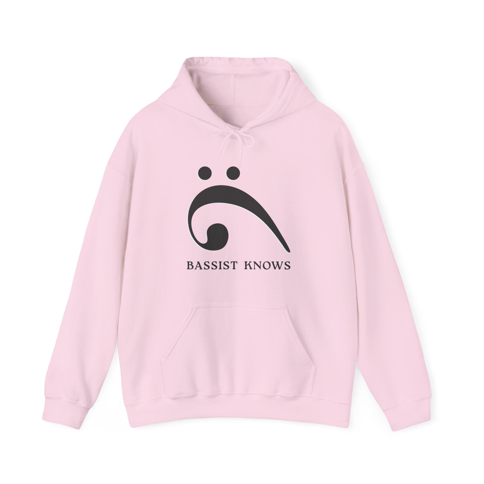 Pink hoodie with a black bass clef graphic and "Bassist Knows" text on a white background