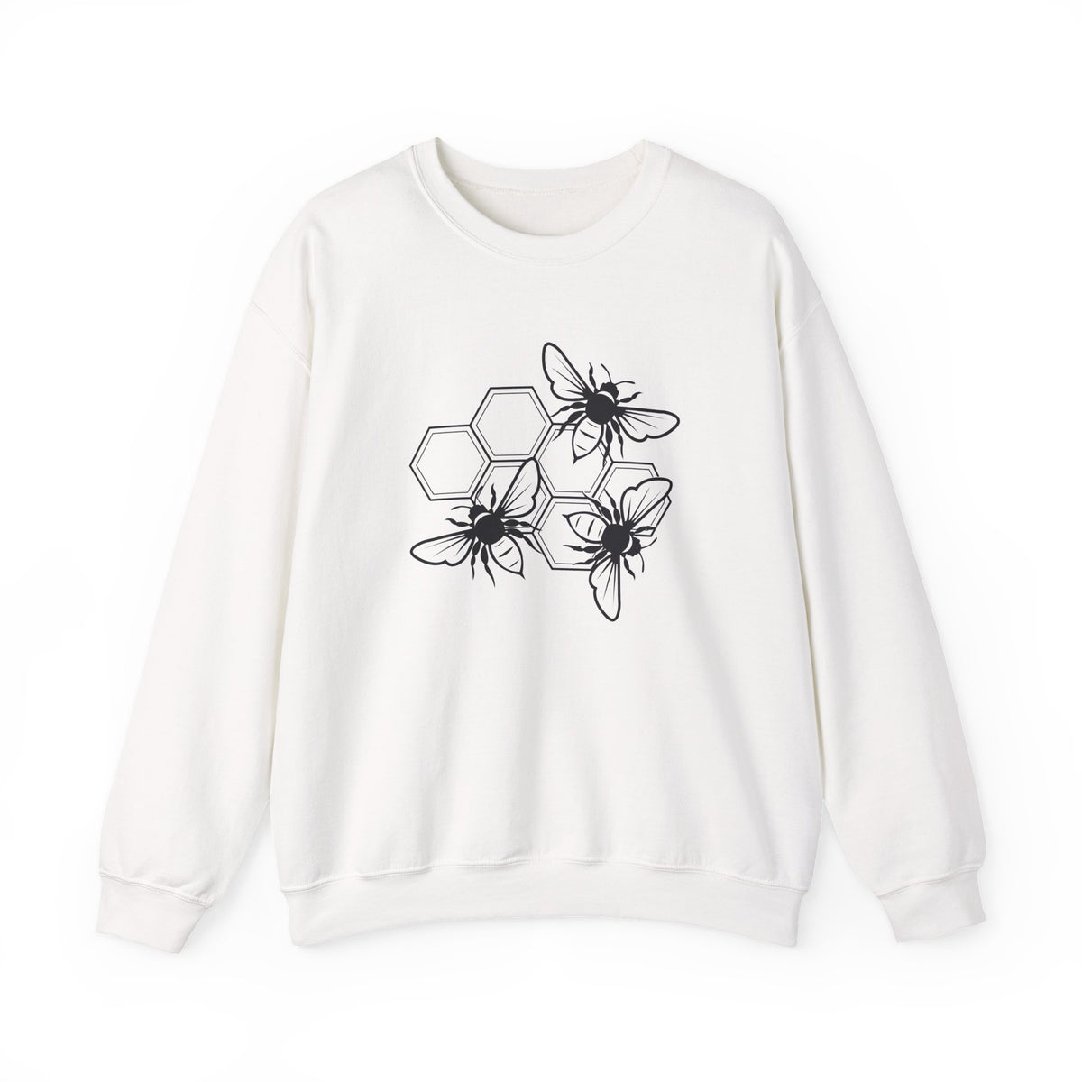 White sweatshirt with black bee and hexagon pattern on a white background