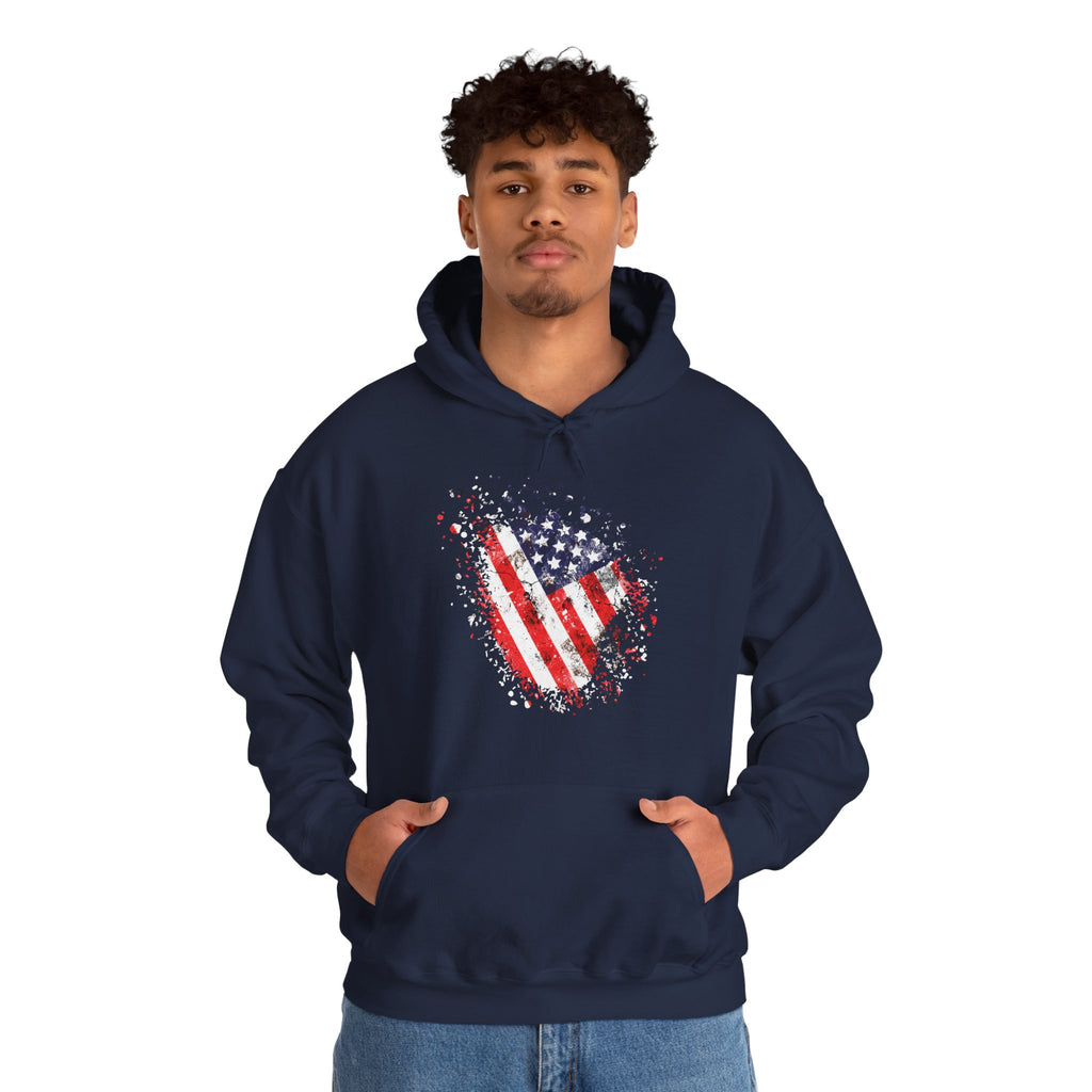 Man wearing a navy hoodie with an American flag design on a white background