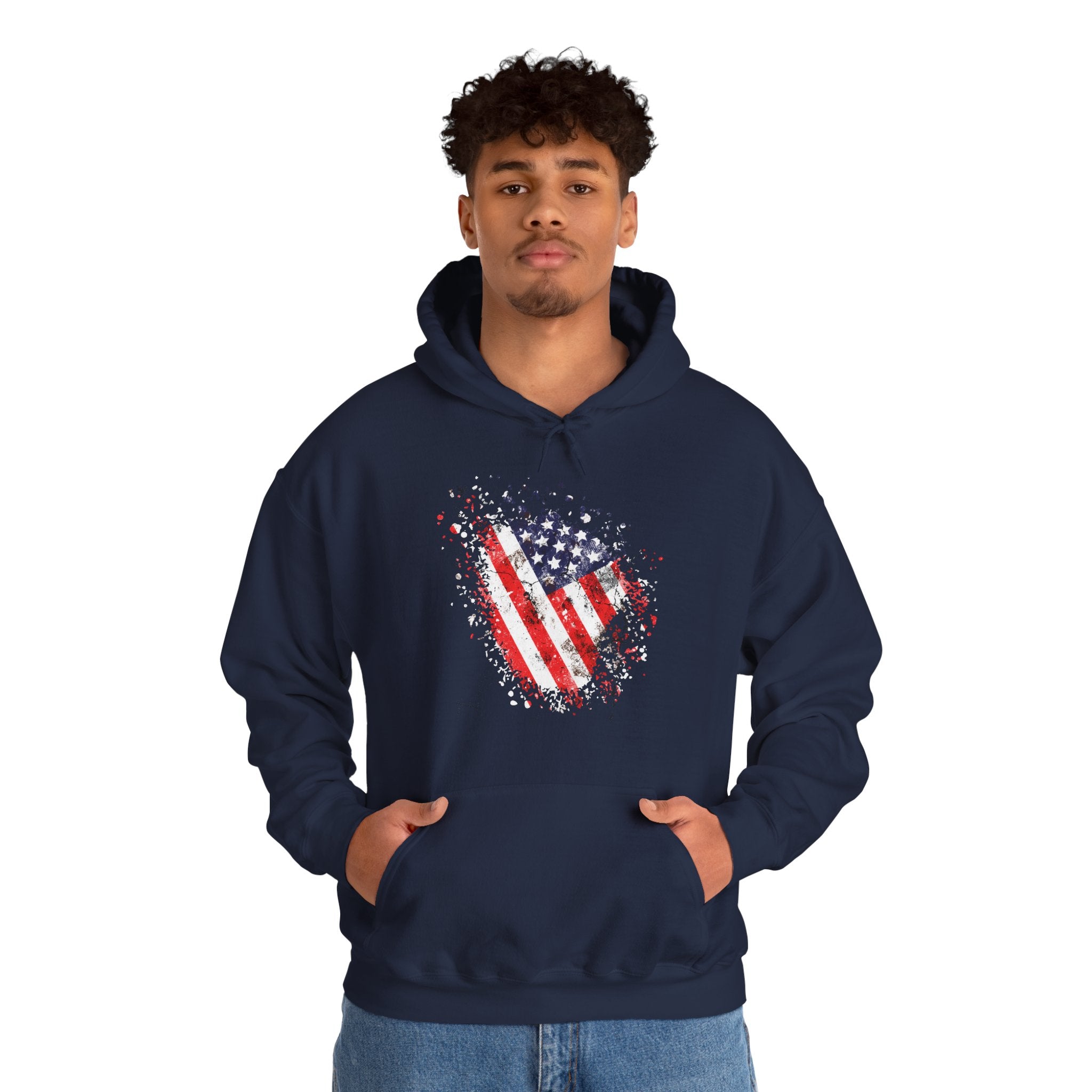 Man wearing a navy hoodie with an American flag design on a white background
