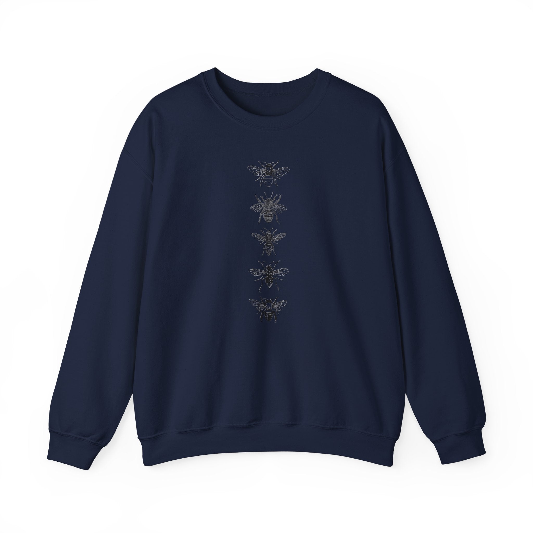 Navy blue sweatshirt with black bee illustrations on a white background