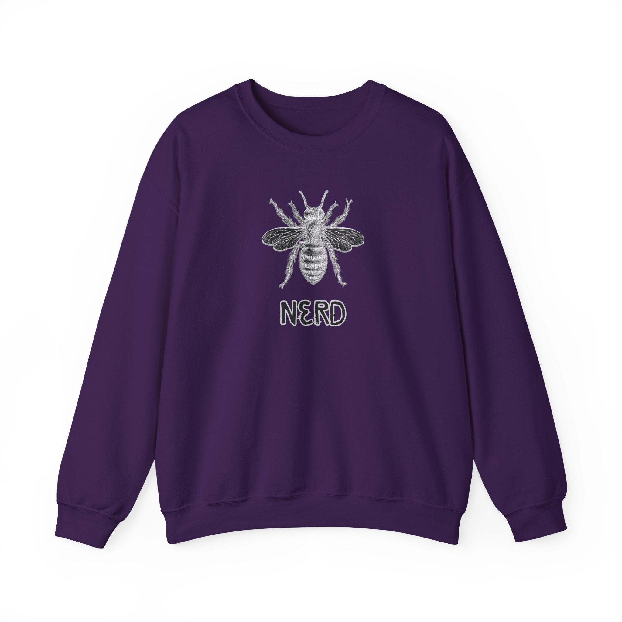 Purple sweatshirt with bee and 'NERD' text design on a white background