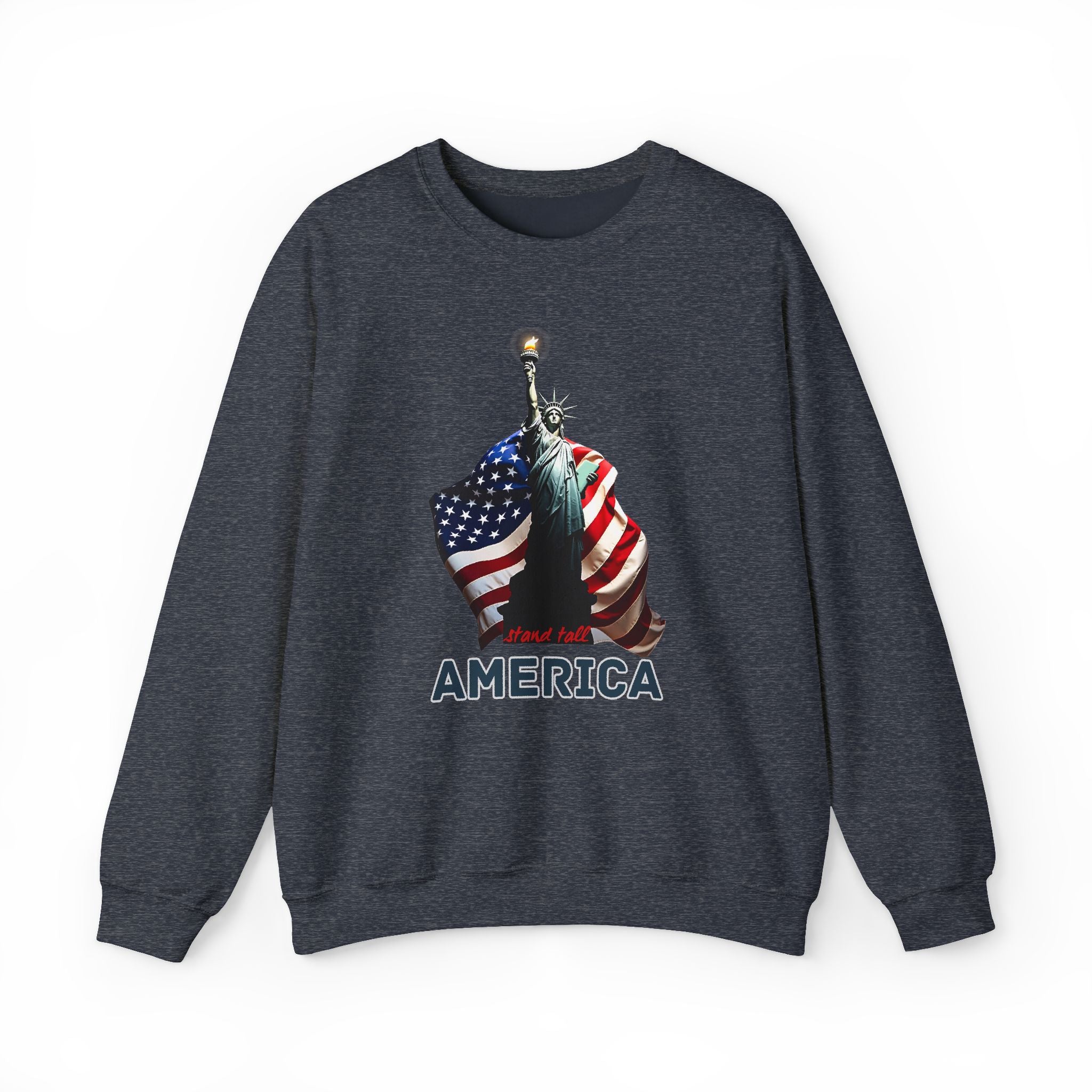 Dark gray sweatshirt with a graphic design of the Statue of Liberty and American flag, text 'AMERICA' on a white background.