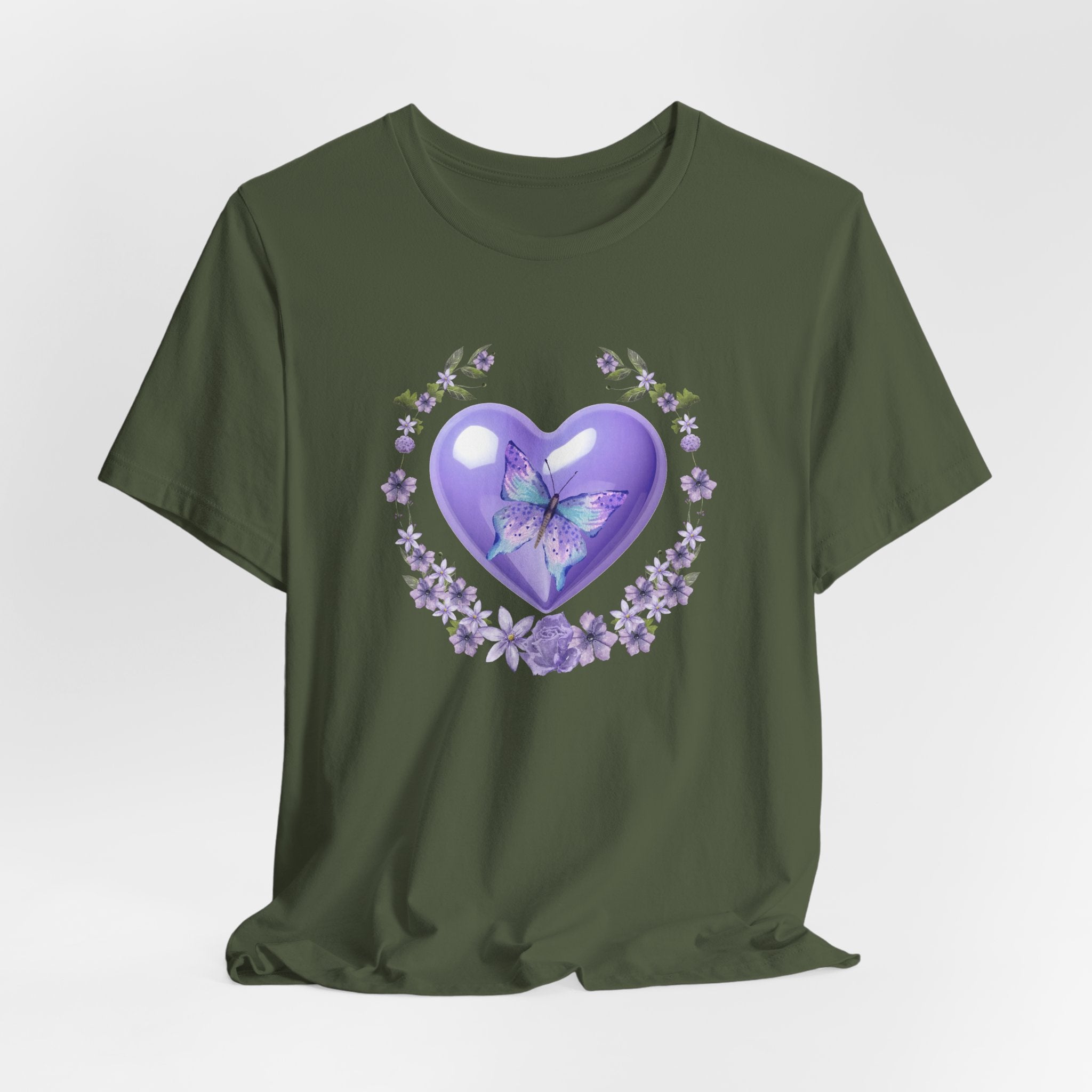 Green t-shirt with a purple heart and butterfly design on a white background