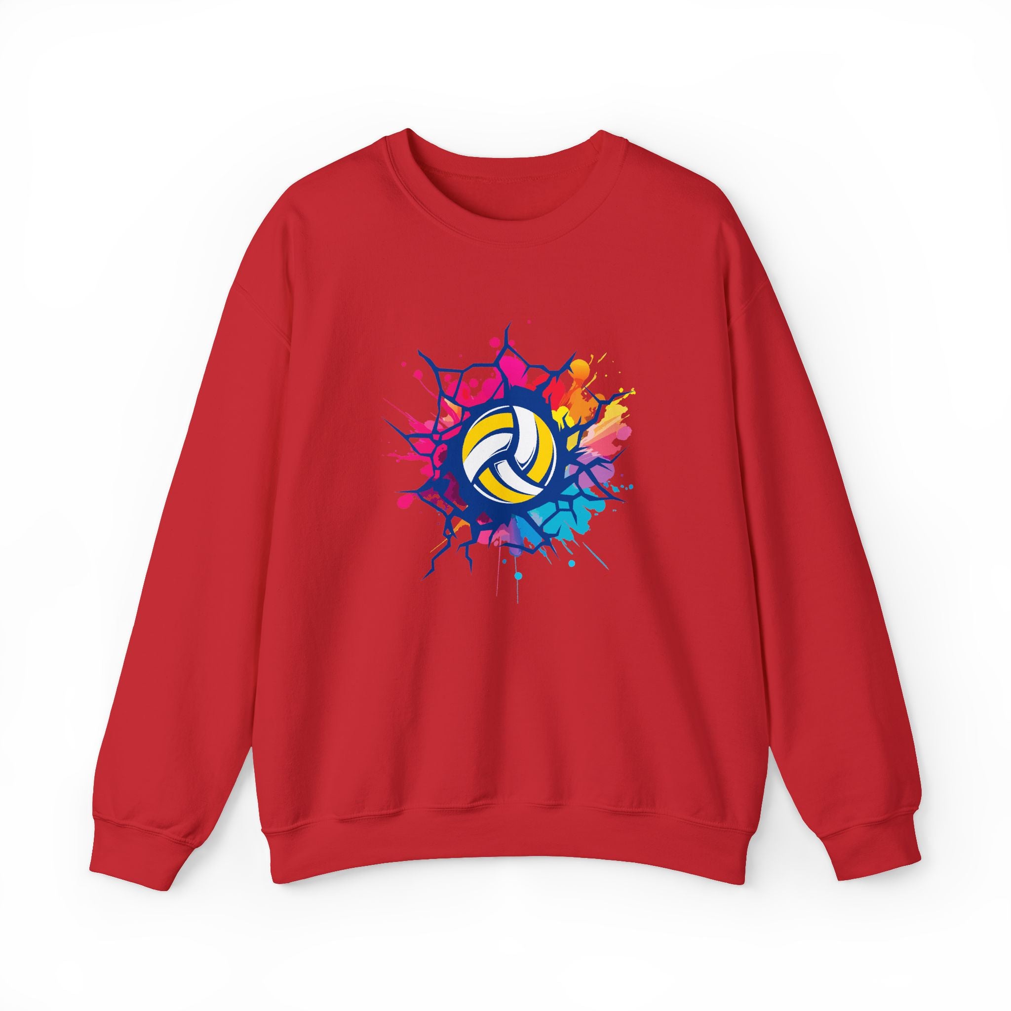Red sweatshirt with a colorful volleyball design on a white background