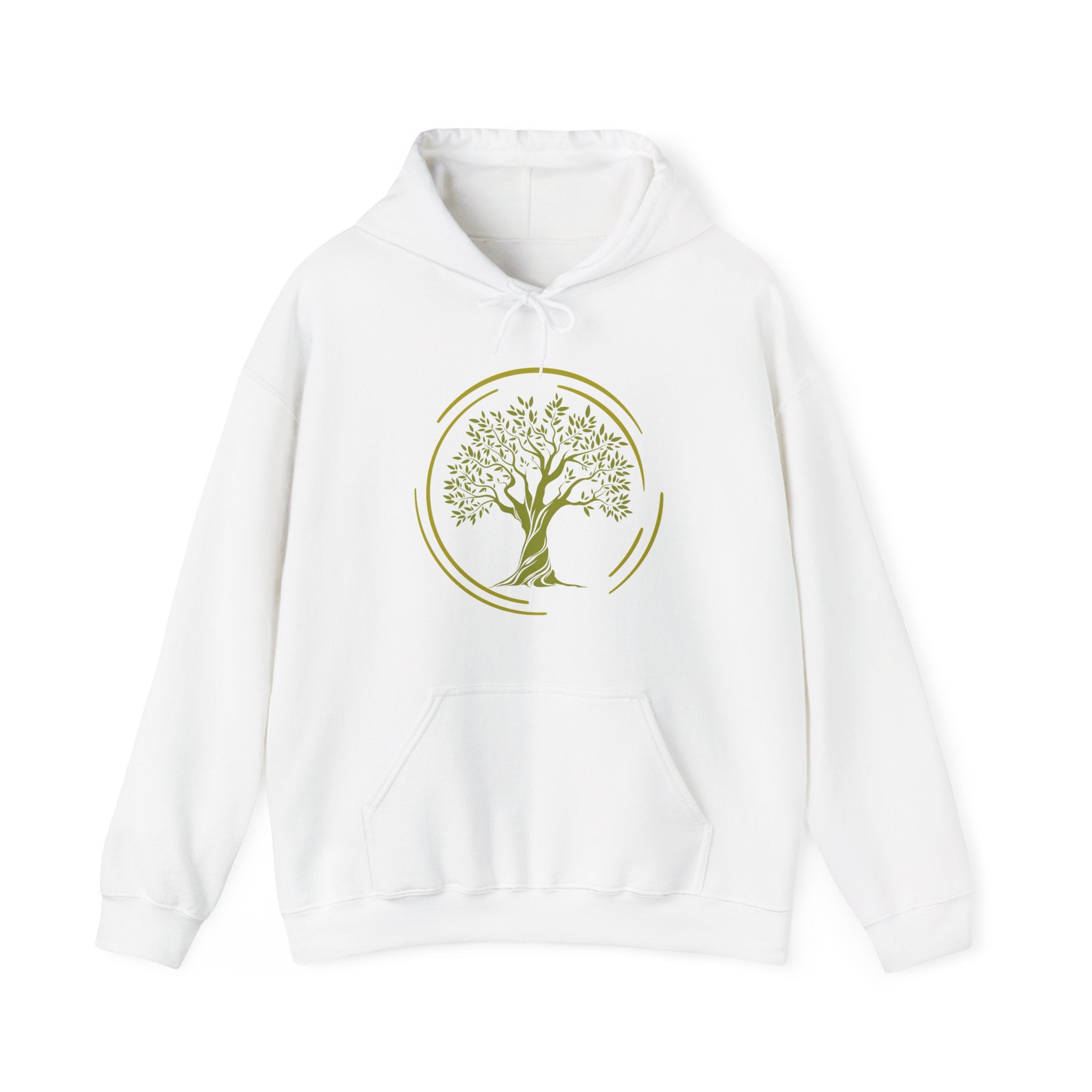 White hoodie with a green tree design on a white background