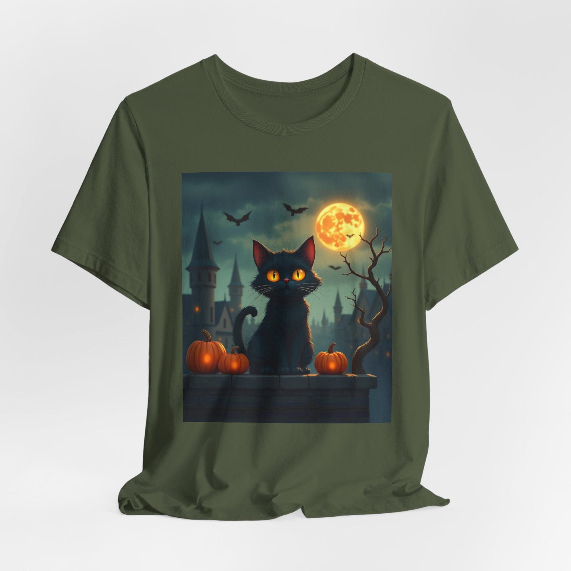Halloween Cat with Bats and Orange Pumpkins T-shirt for Men and Women
