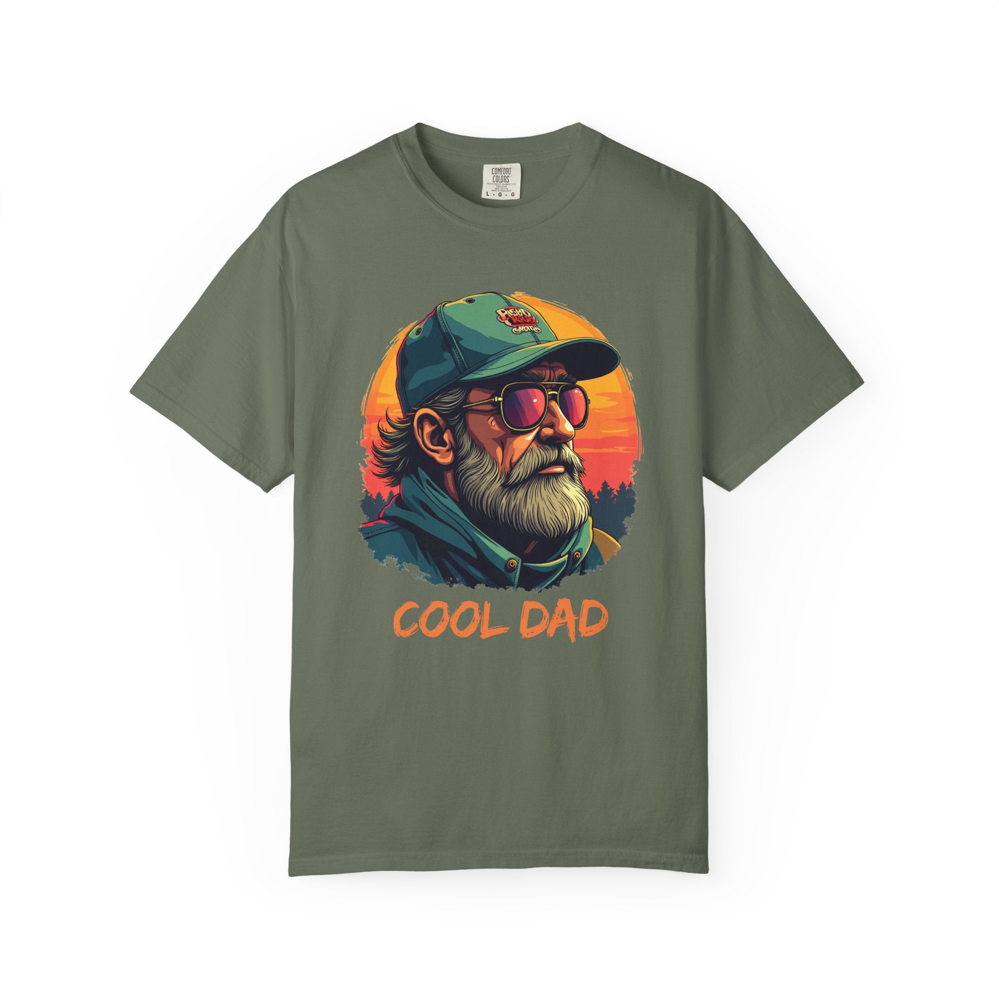 Green t-shirt with 'Cool Dad' graphic design featuring a man with sunglasses and a cap on a white background