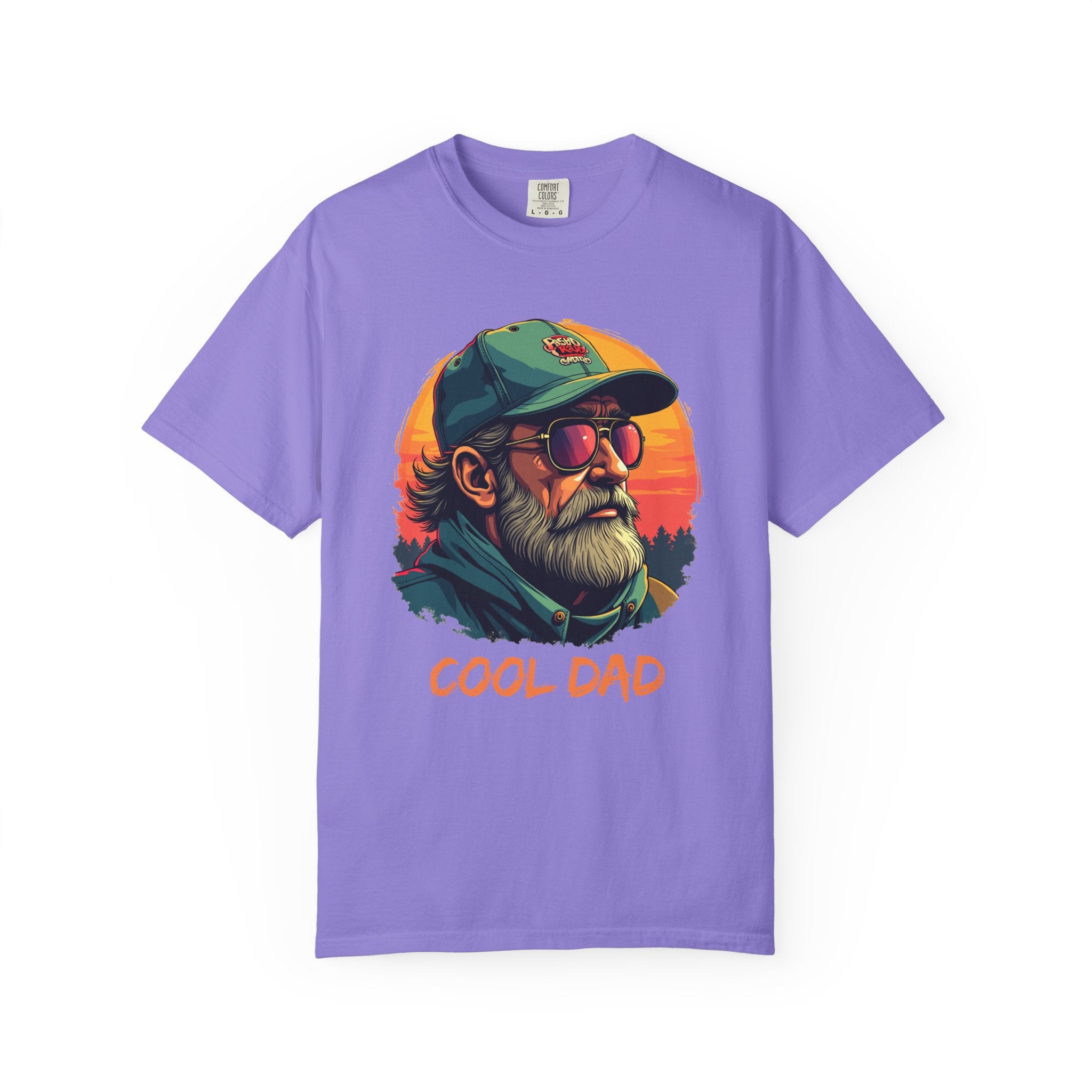 Purple t-shirt with 'Cool Dad' graphic design featuring a man with sunglasses and a cap on a white background