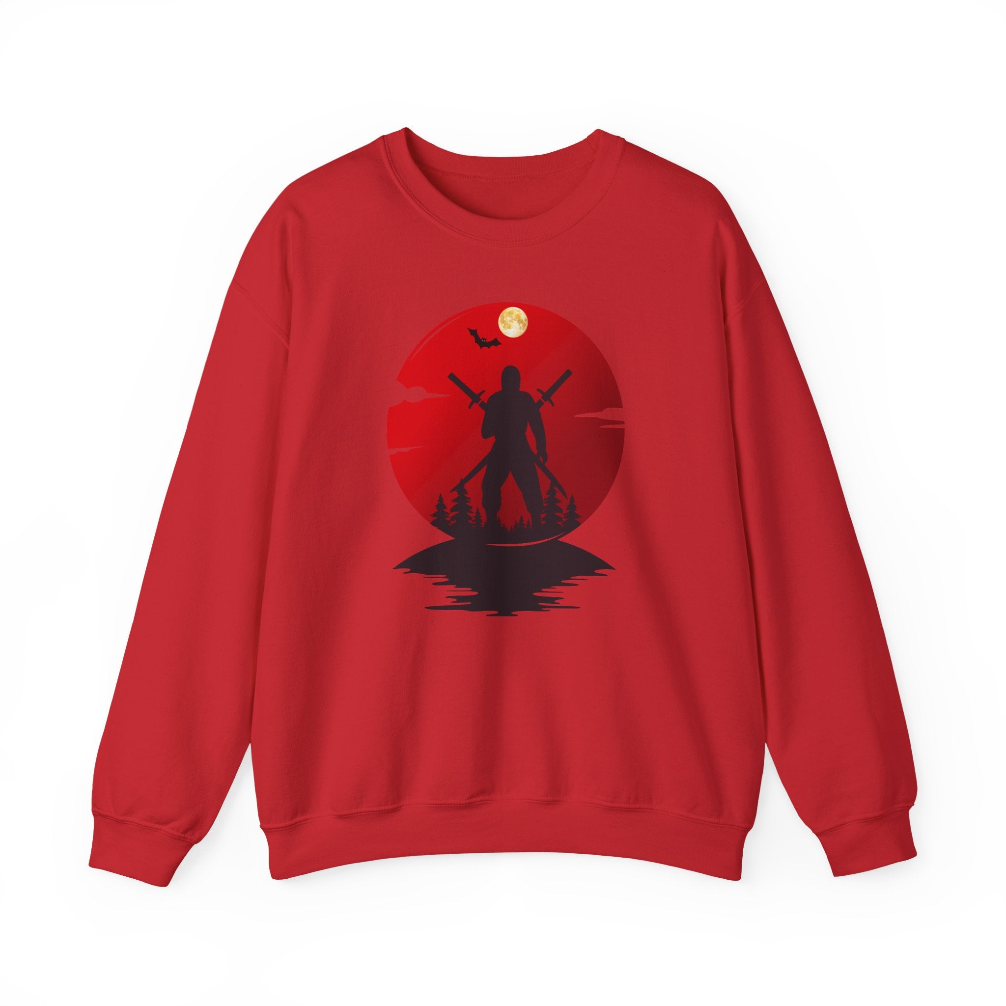 Red sweatshirt with a red and black ninja graphic design on a white background