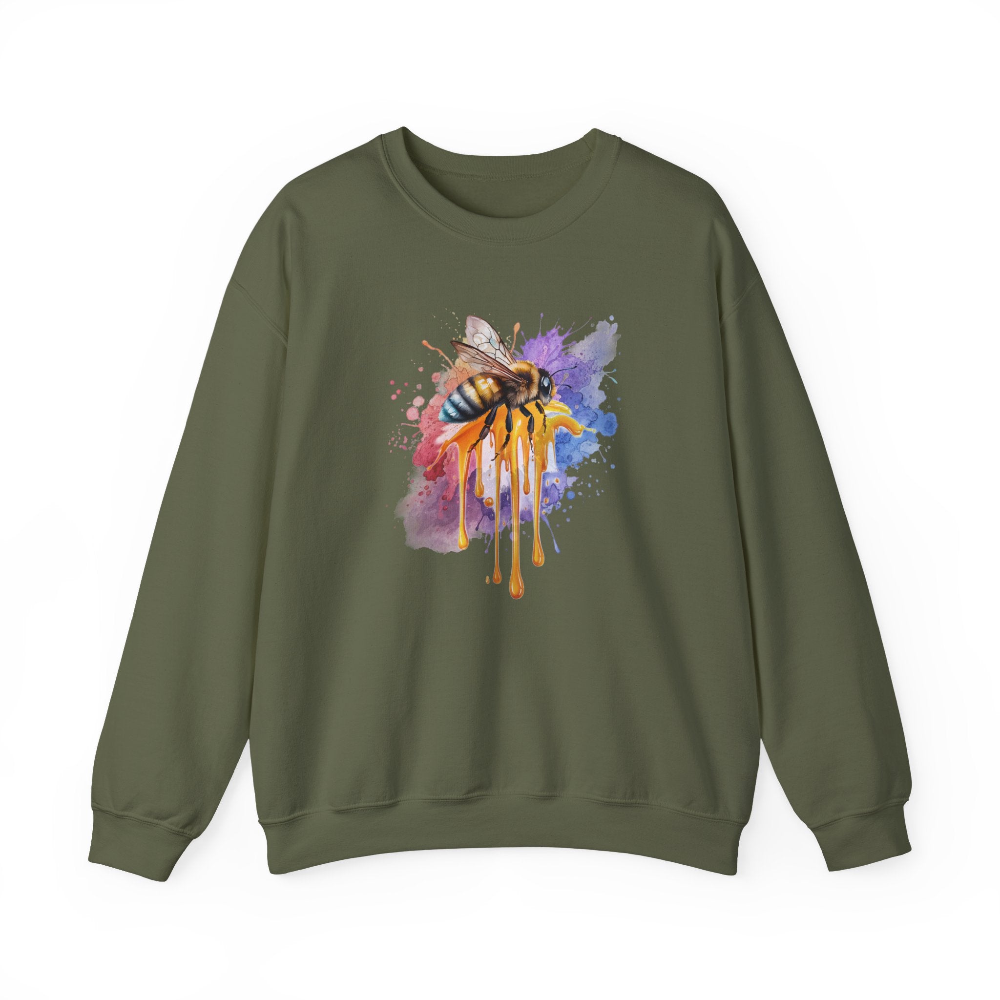 Green sweatshirt with a colorful bee design on a white background