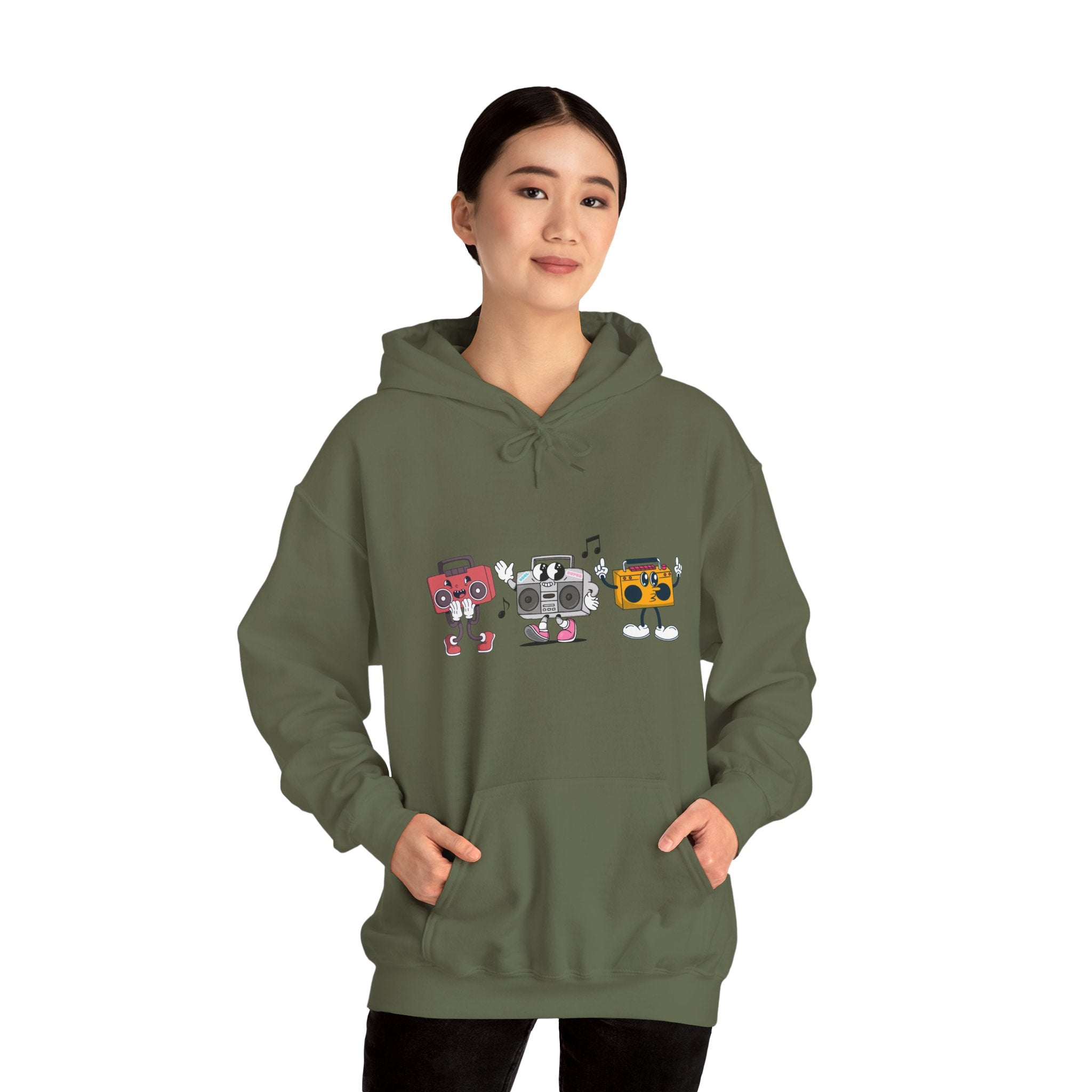 Person wearing a green hoodie with cartoon designs on a white background