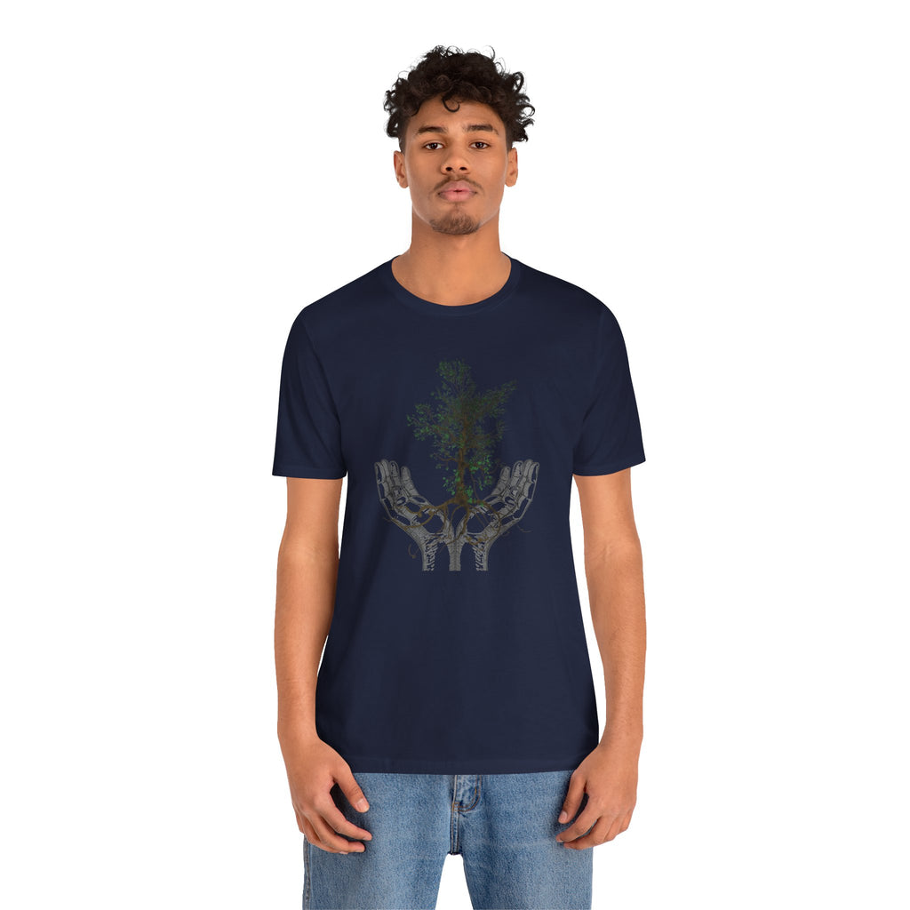 Person wearing a navy blue t-shirt with a graphic design on a white background