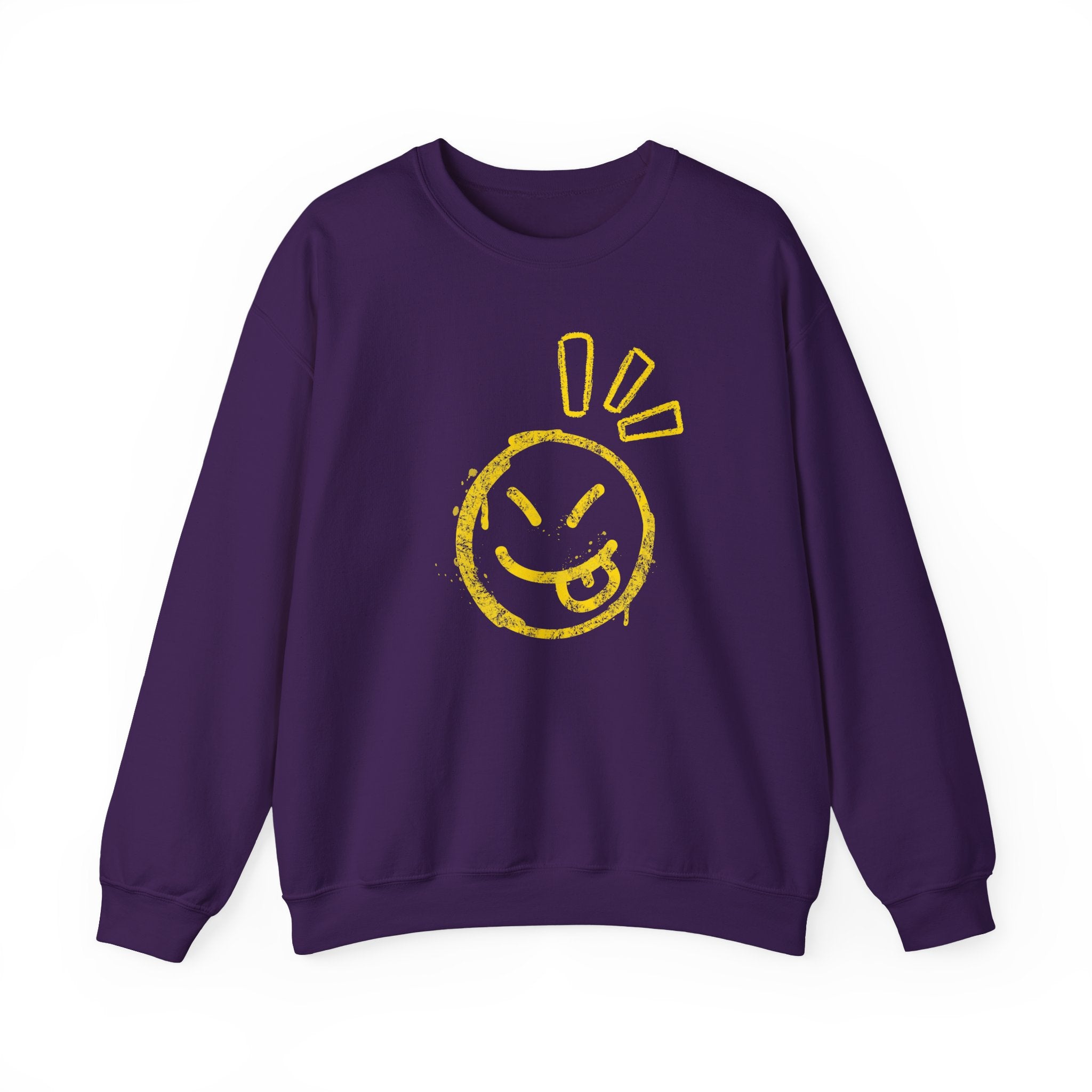 Purple sweatshirt with a yellow smiley face design on a white background