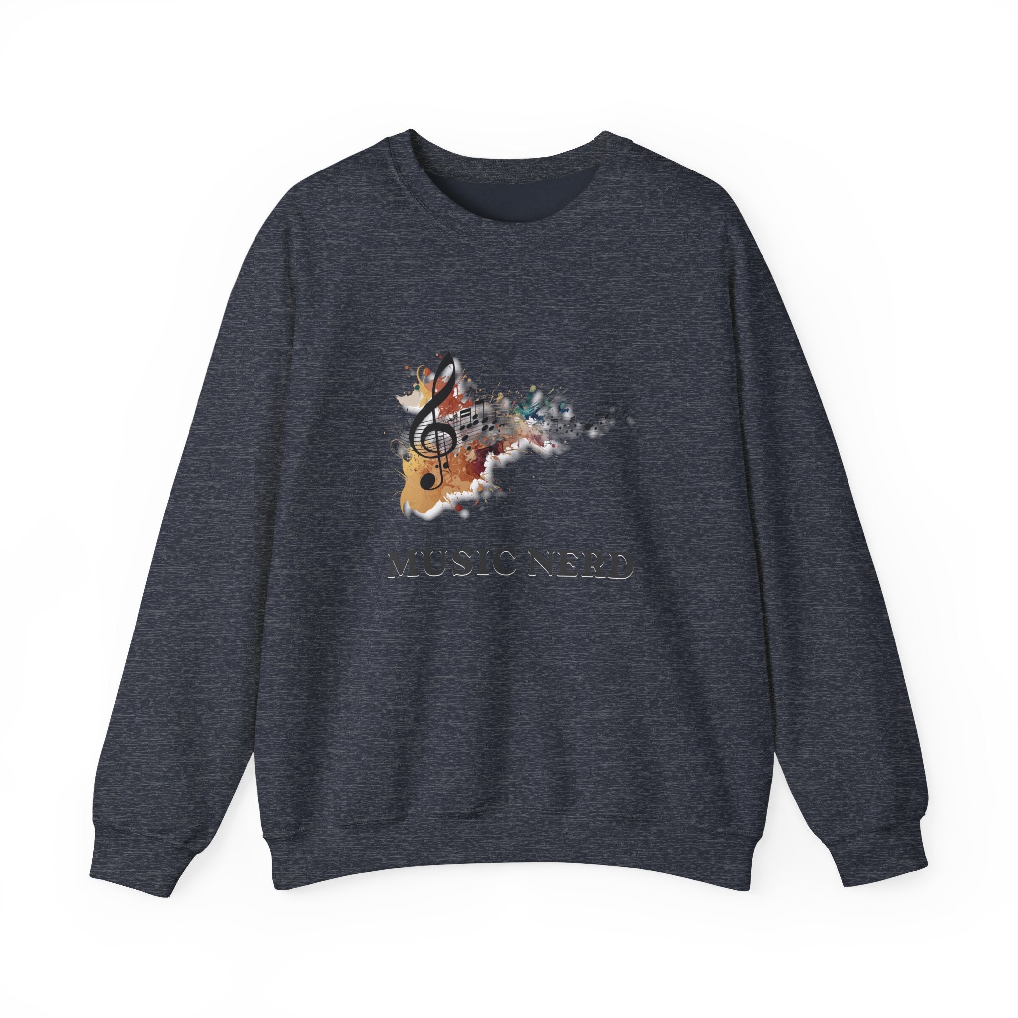 Gray sweatshirt with musical design and 'Music Nerd' text on a white background