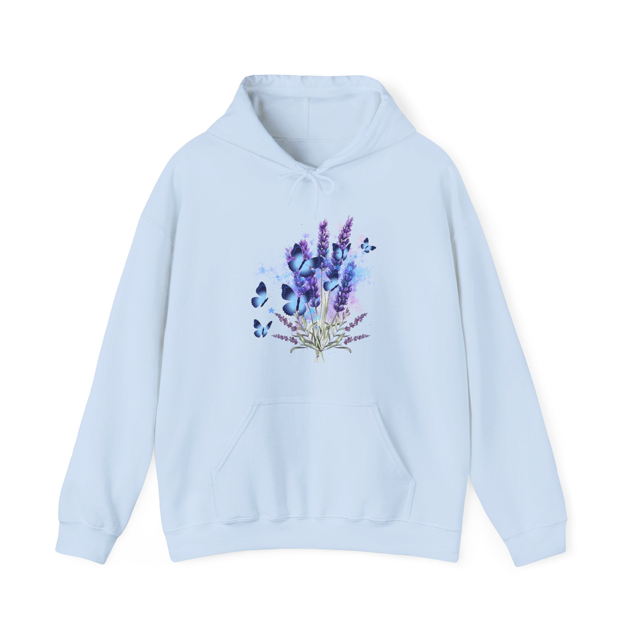 Light blue hoodie with floral design on a white background
