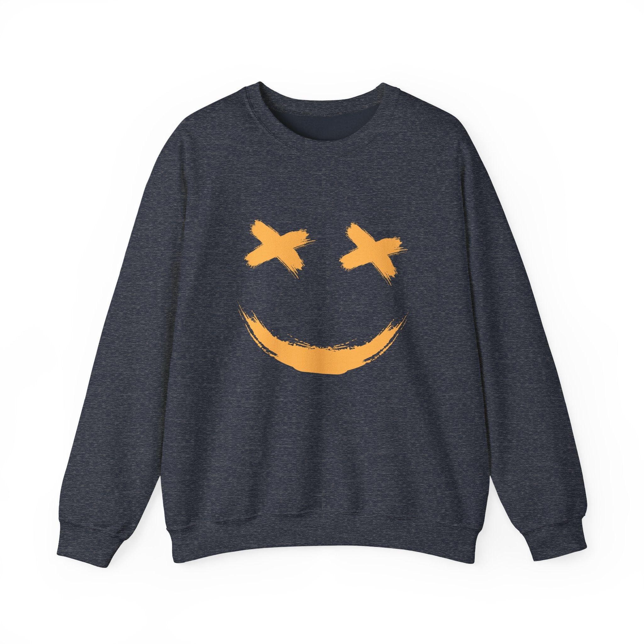 Gray sweatshirt with a yellow smiley face design on a white background