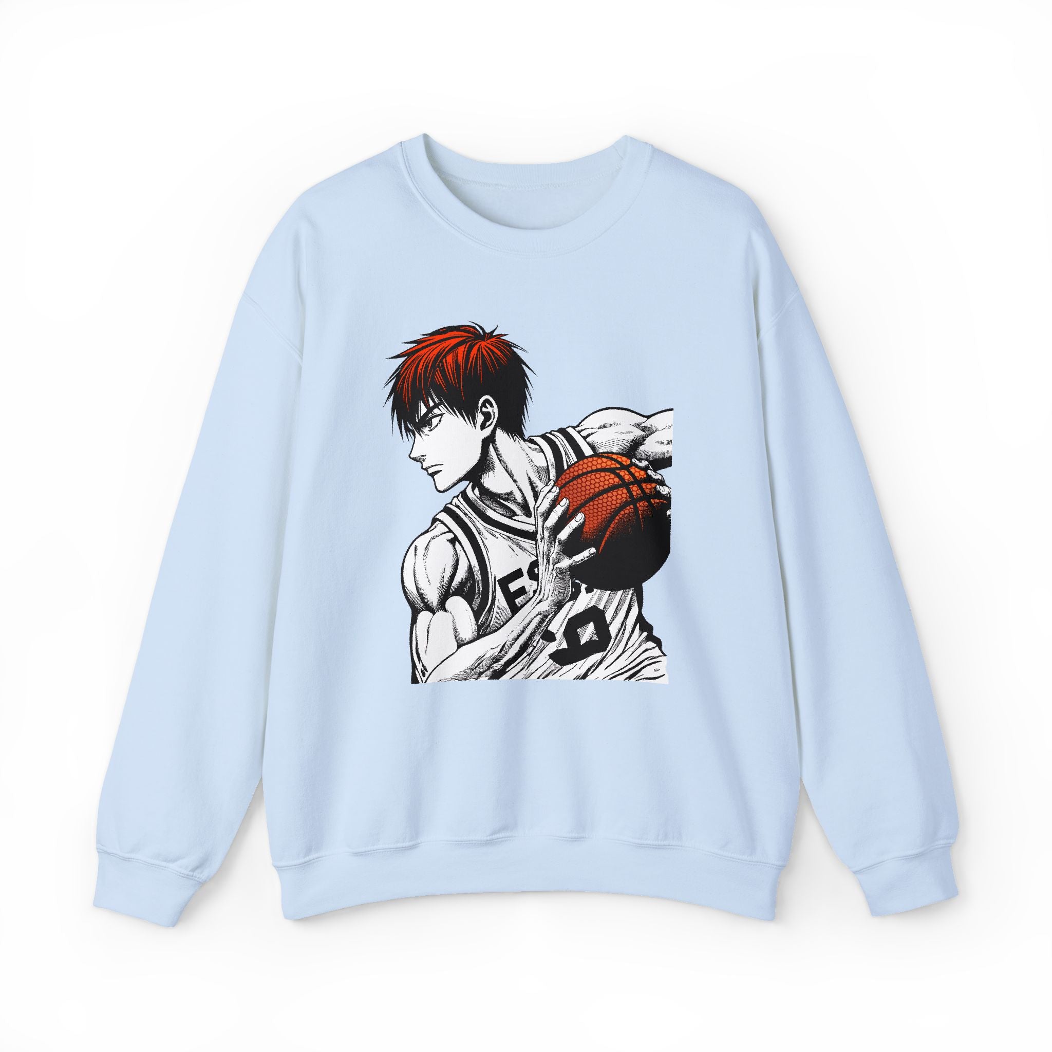 Light blue sweatshirt with an anime-style character holding a basketball on a white background
