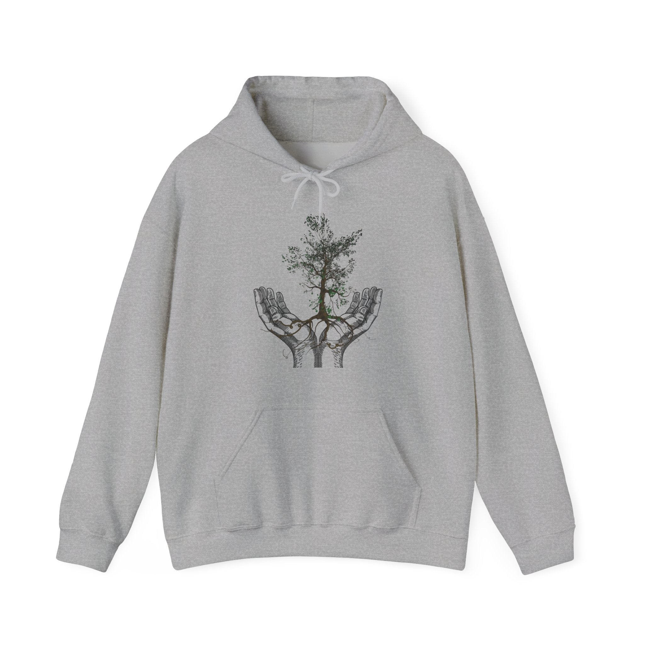Gray hoodie with a graphic of a tree and hand on a white background