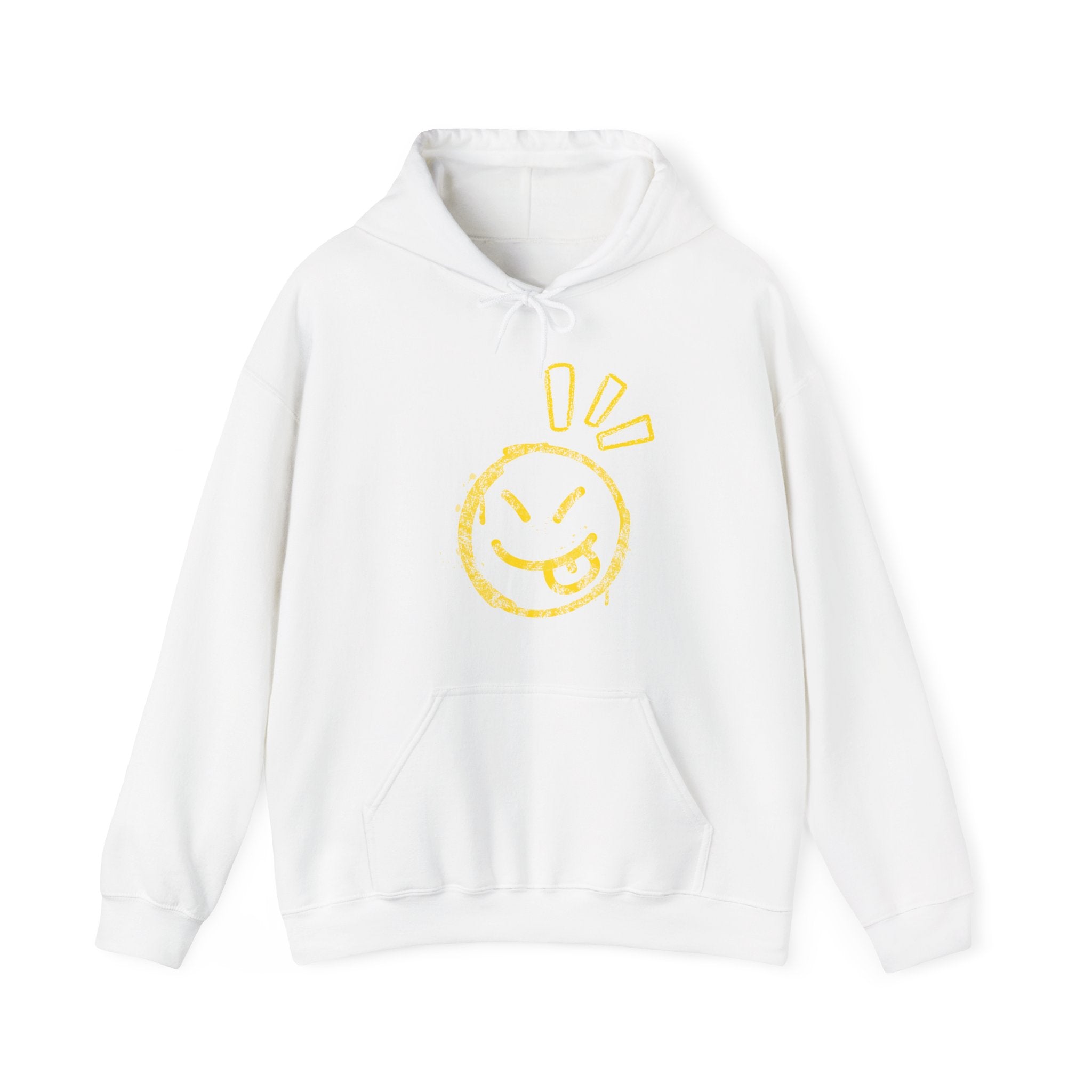 White hoodie with a yellow smiley face design on a white background