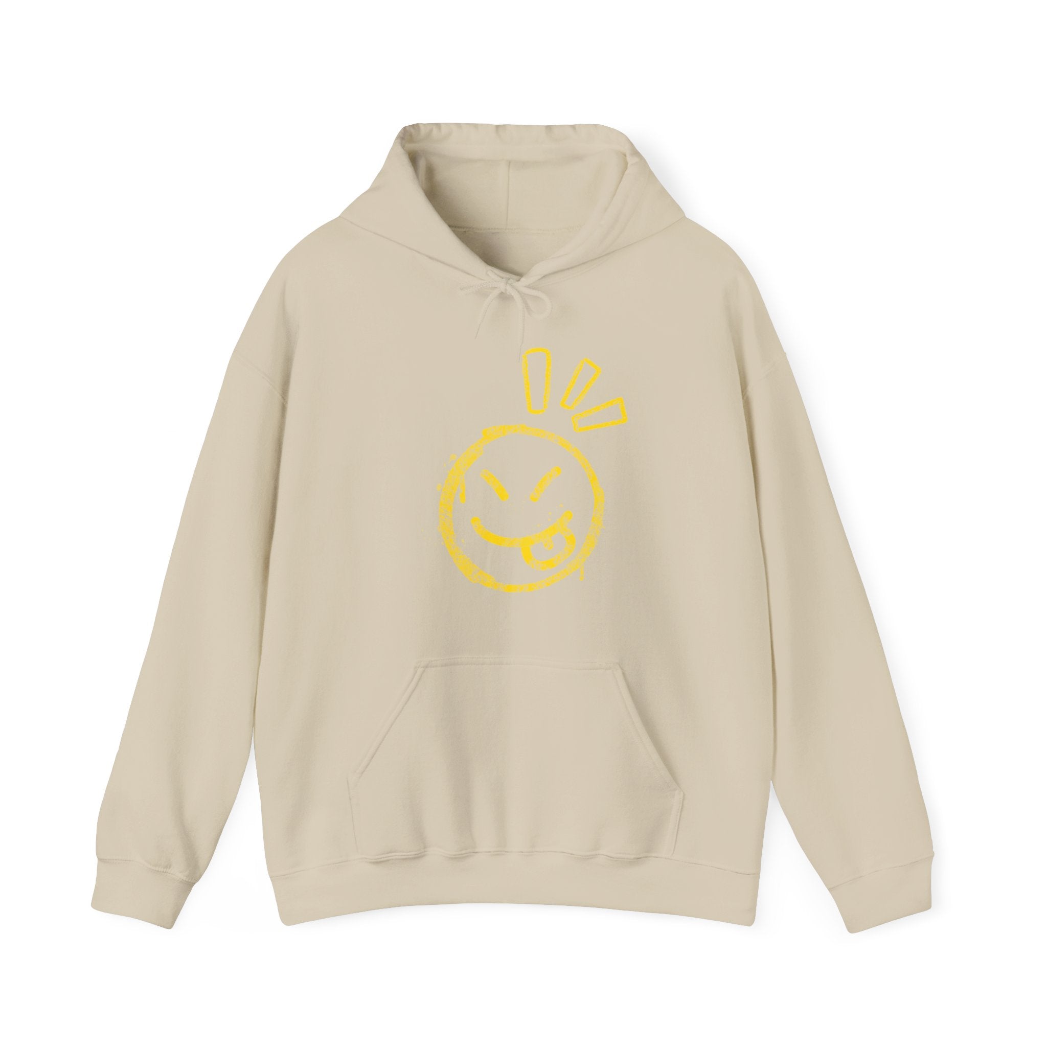 Beige hoodie with a graphic of a wacky emoticon on a white background