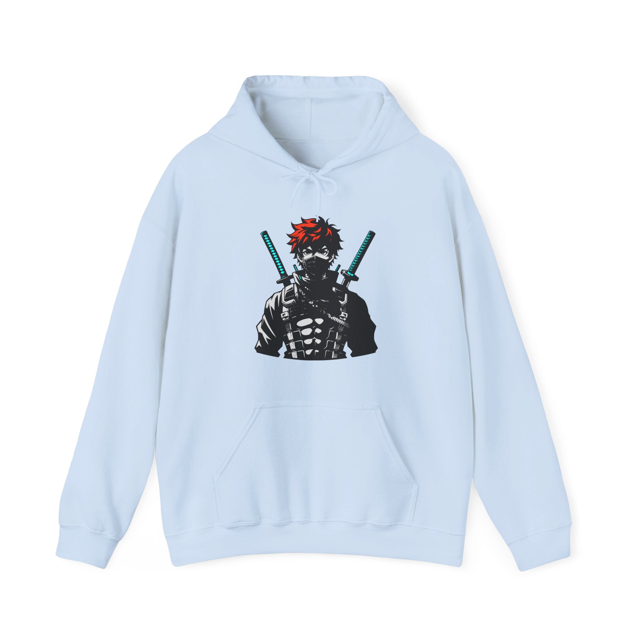 Light blue hoodie with a graphic of a character holding swords on a white background