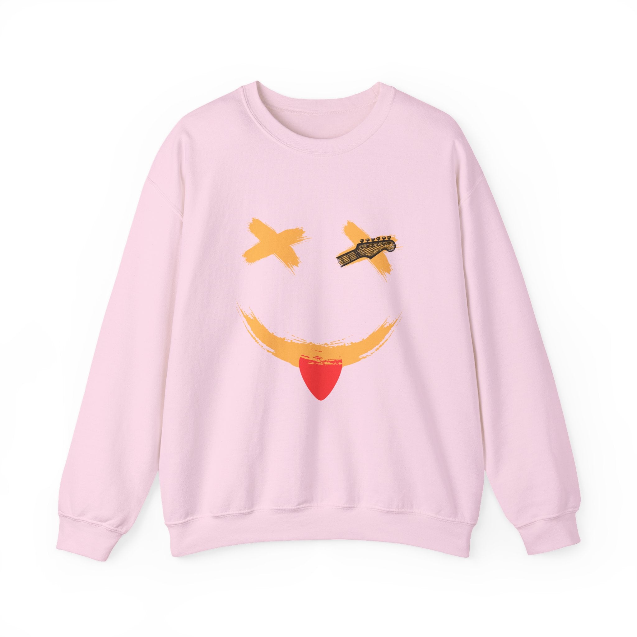 Pink sweatshirt with a smiley guitar face design on a white background