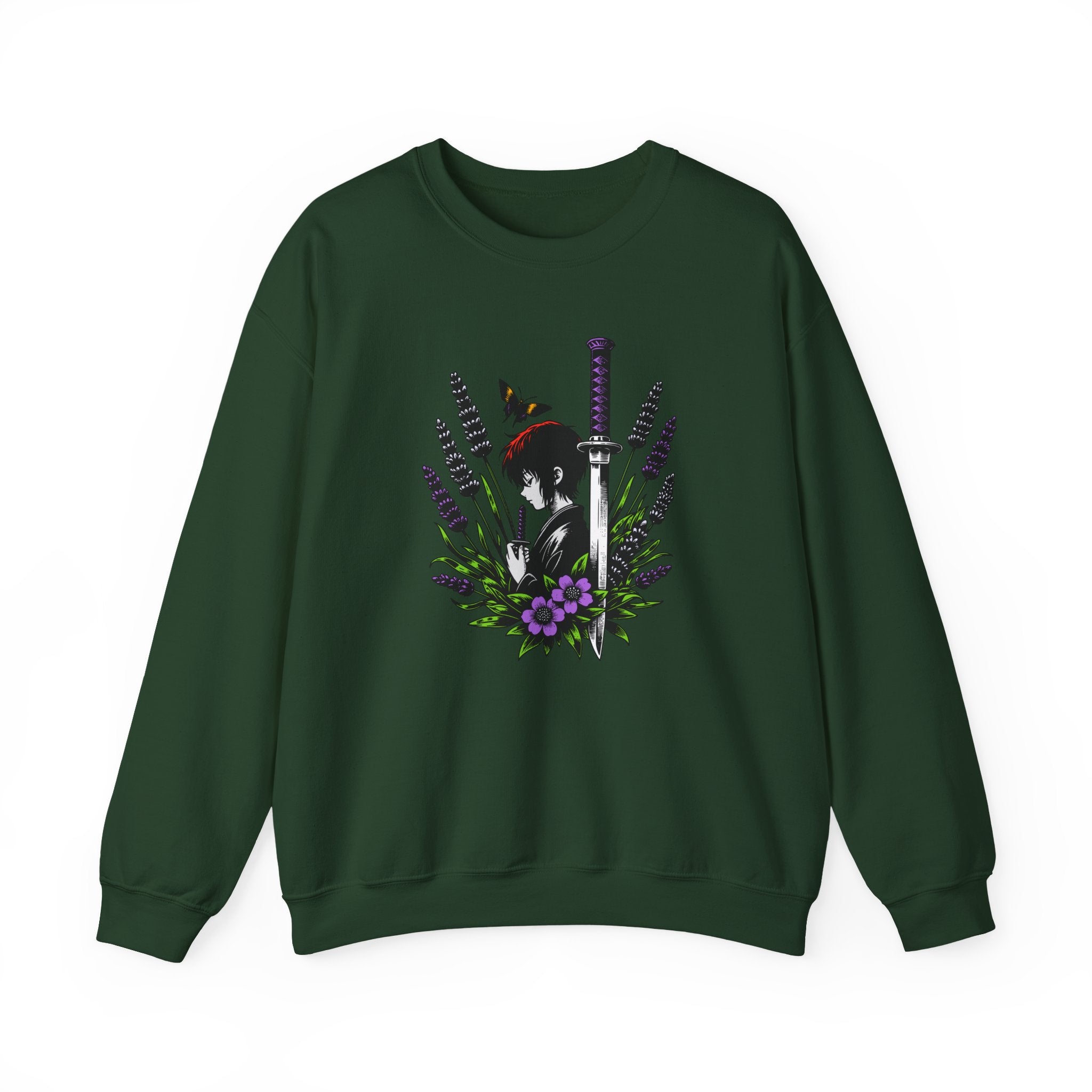 Green sweatshirt with a manga, butterfly, and sword design on a white background