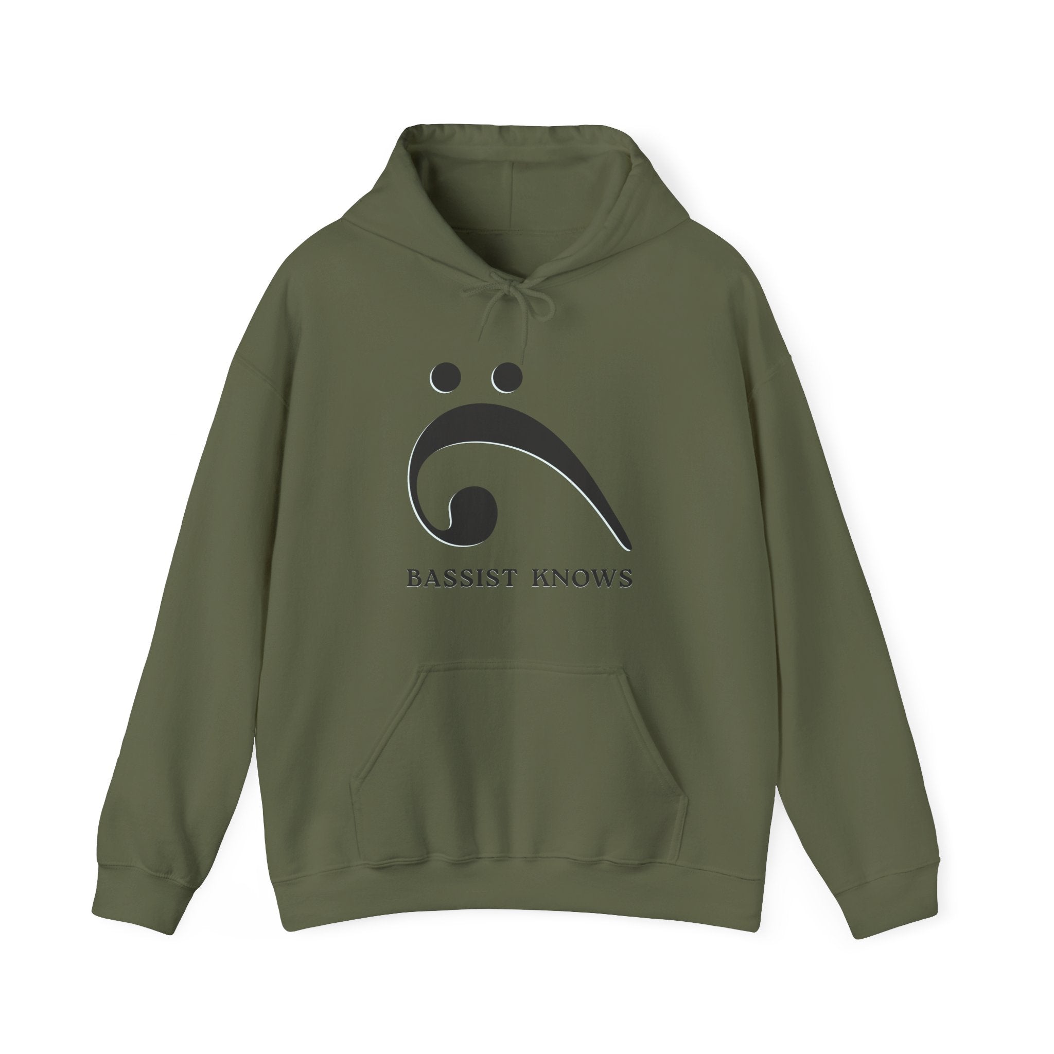 Military green hoodie with a black bass clef graphic and "Bassist Knows" text on a white background