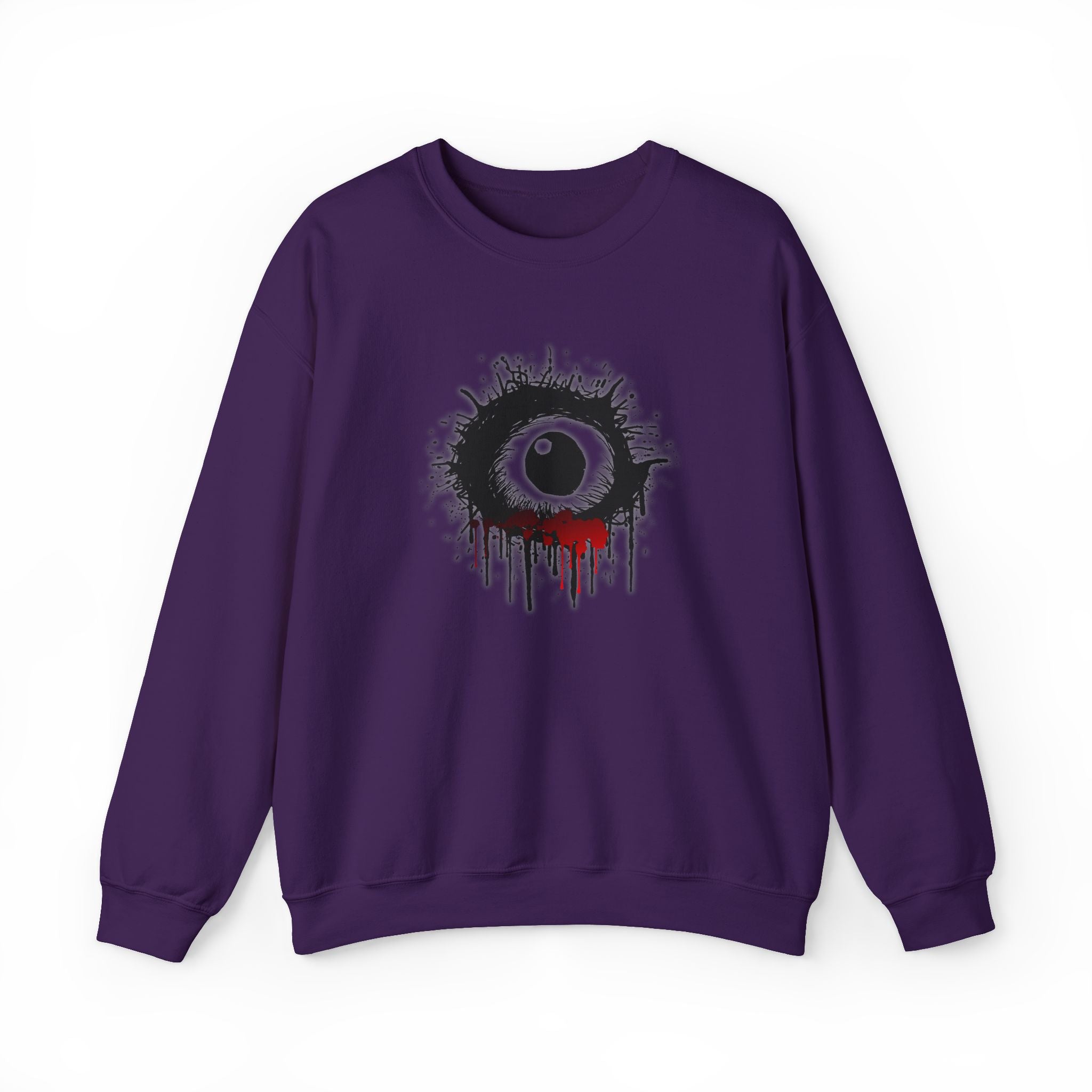 Purple sweatshirt with a black eye design on a white background