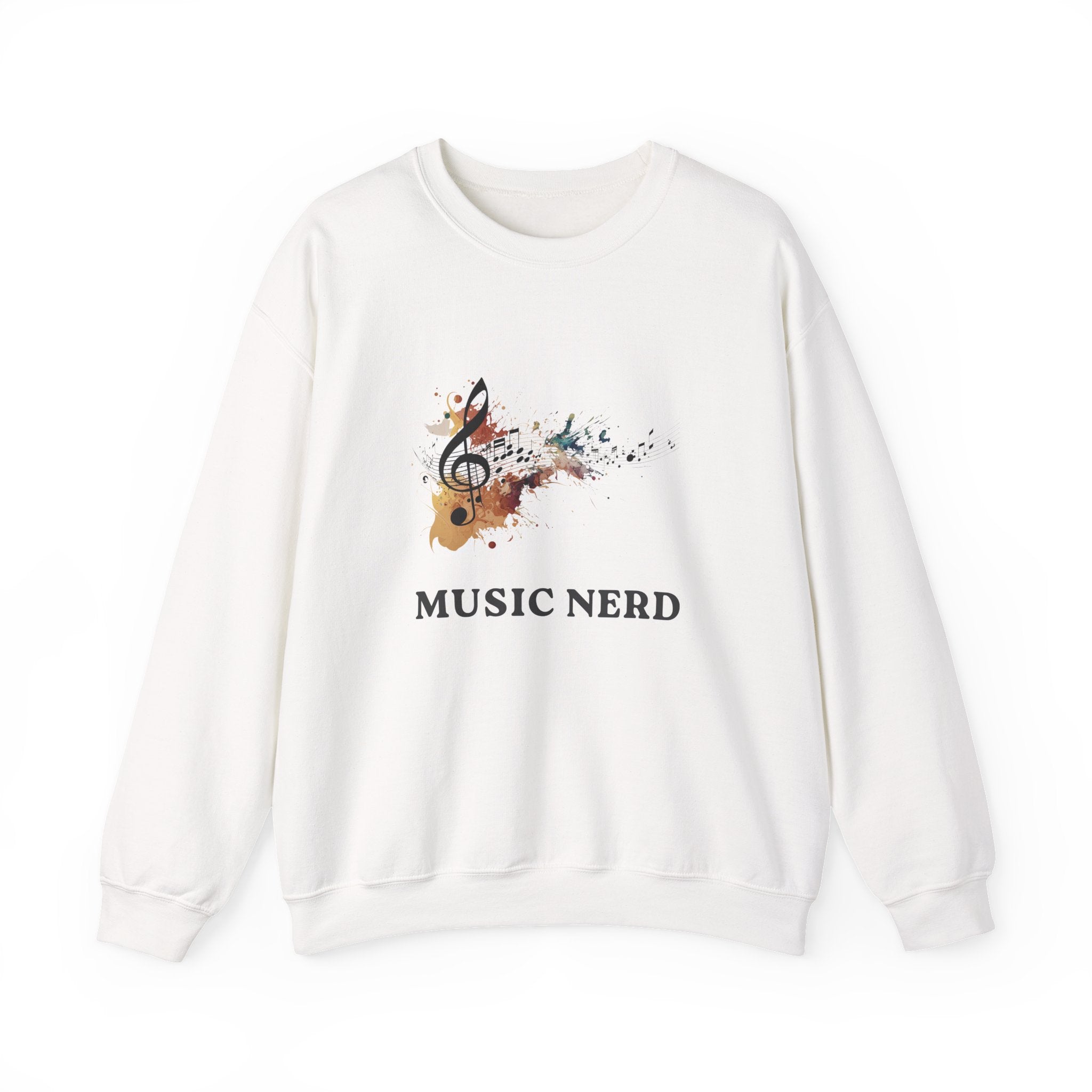 White sweatshirt with 'Music Nerd' text and musical design on a white background
