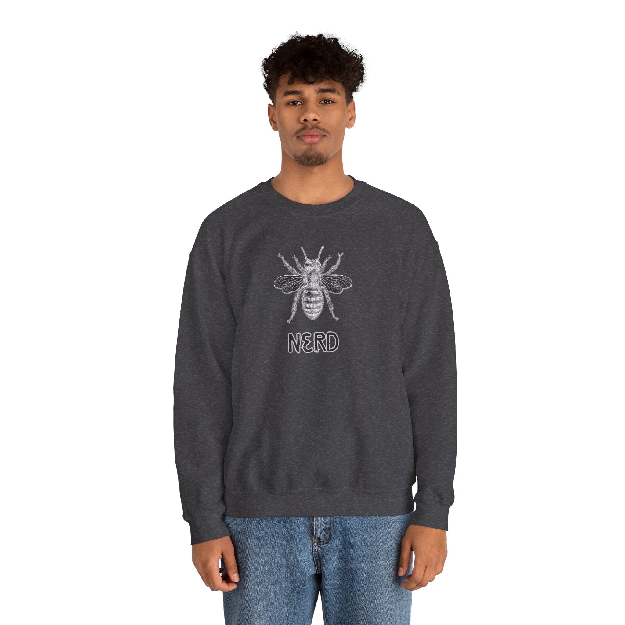 Person wearing a green sweatshirt with bee graphic and 'NERD' text on a white background
