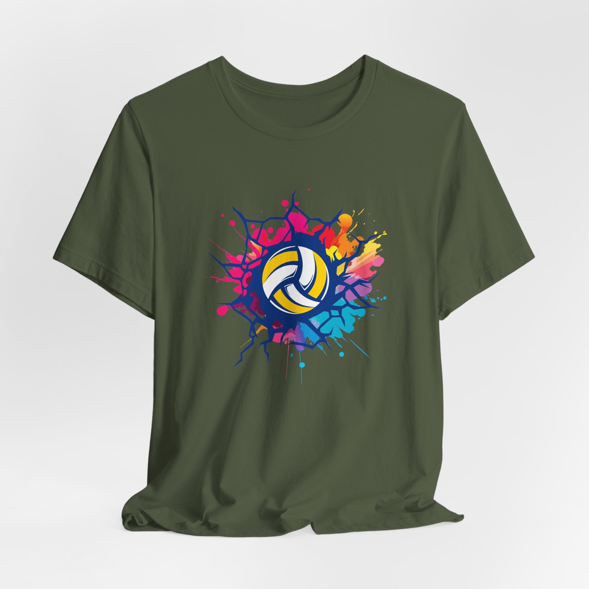Green t-shirt with a colorful volleyball graphic on a white background