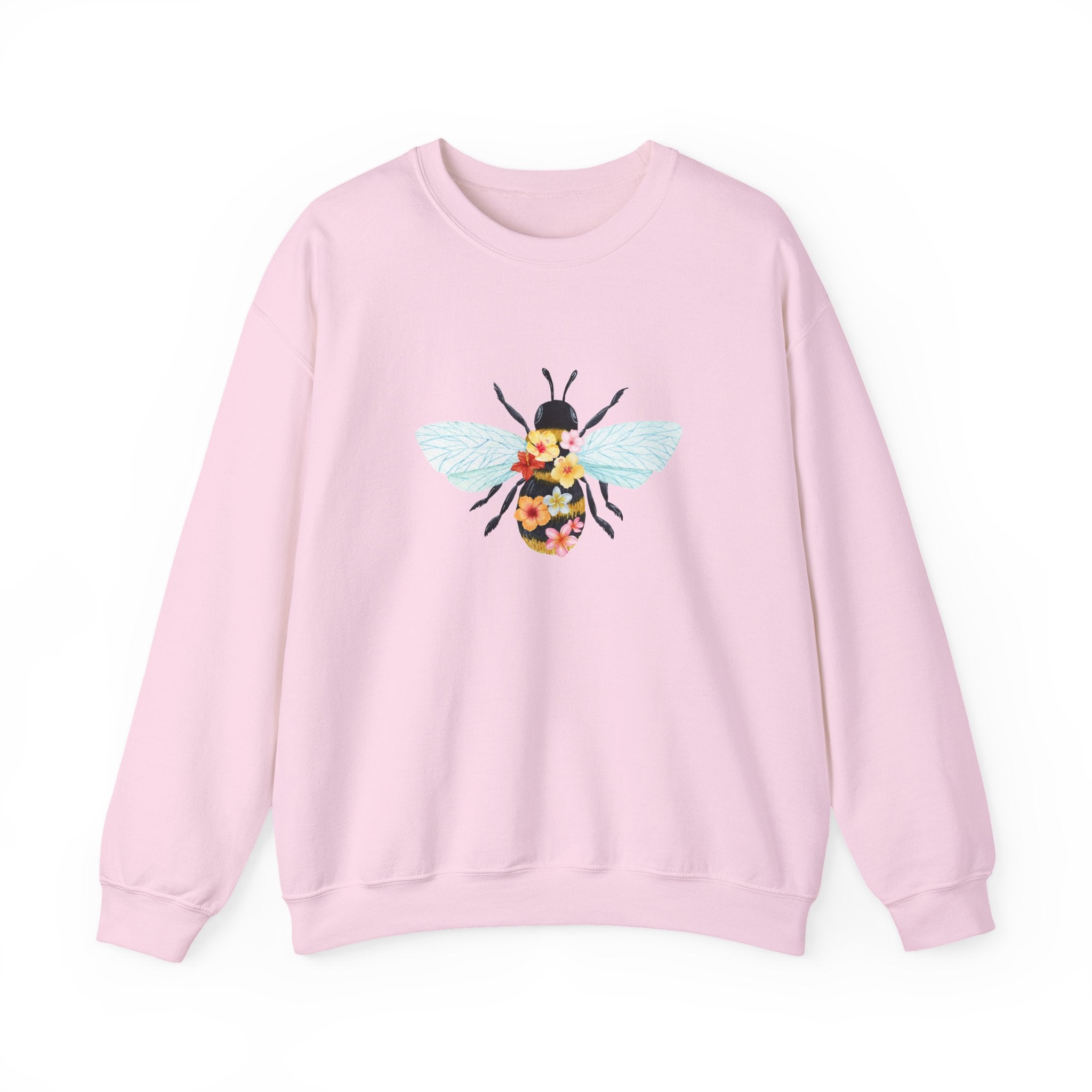 Pink sweatshirt with bee and flower pattern on a white background