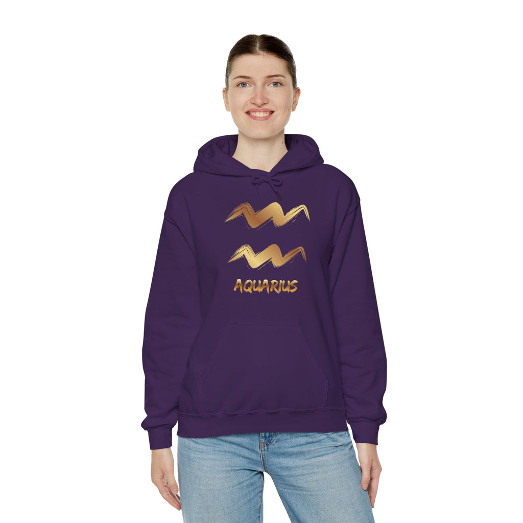 Person wearing a purple hoodie with Aquarius design on a white background