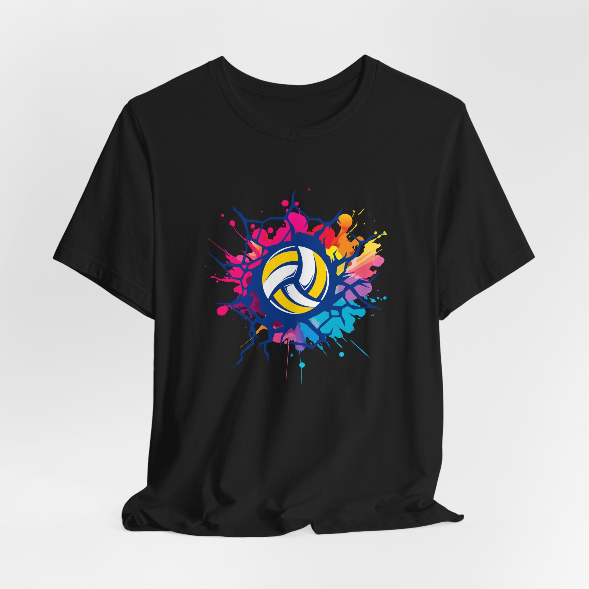 Black t-shirt with colorful volleyball graphic on a white background