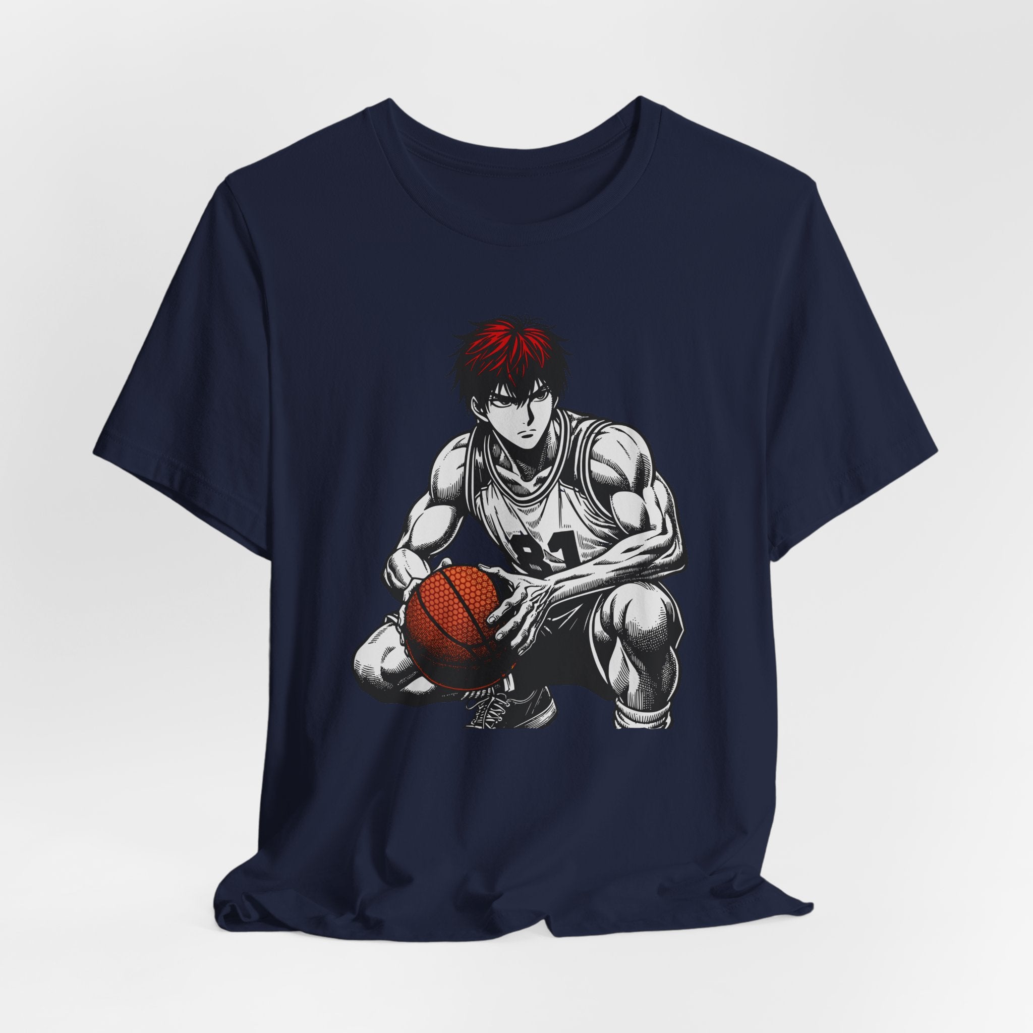 Navy blue t-shirt with a graphic of a basketball player on a white background