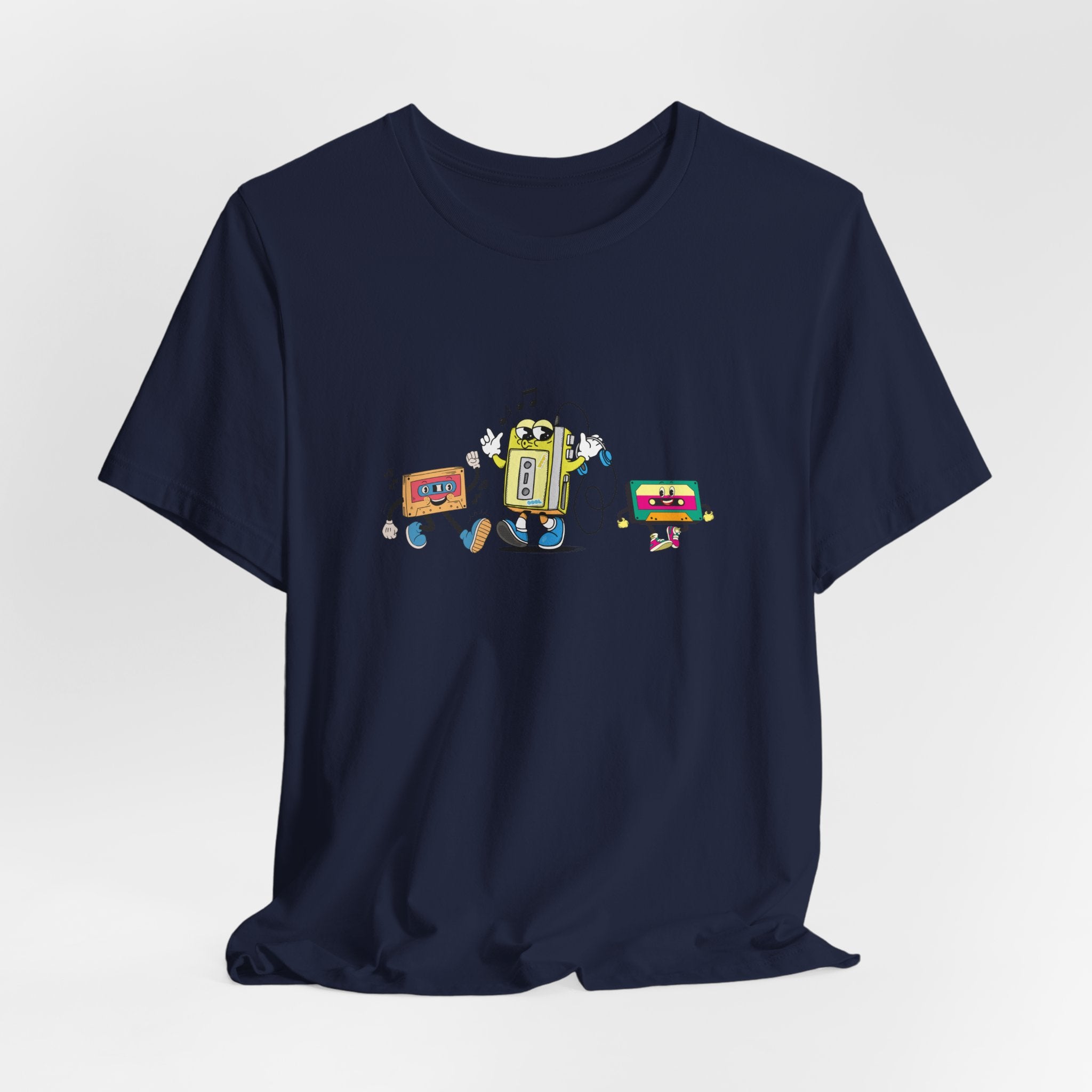 Navy blue t-shirt with a colorful robot graphic on a light gray background