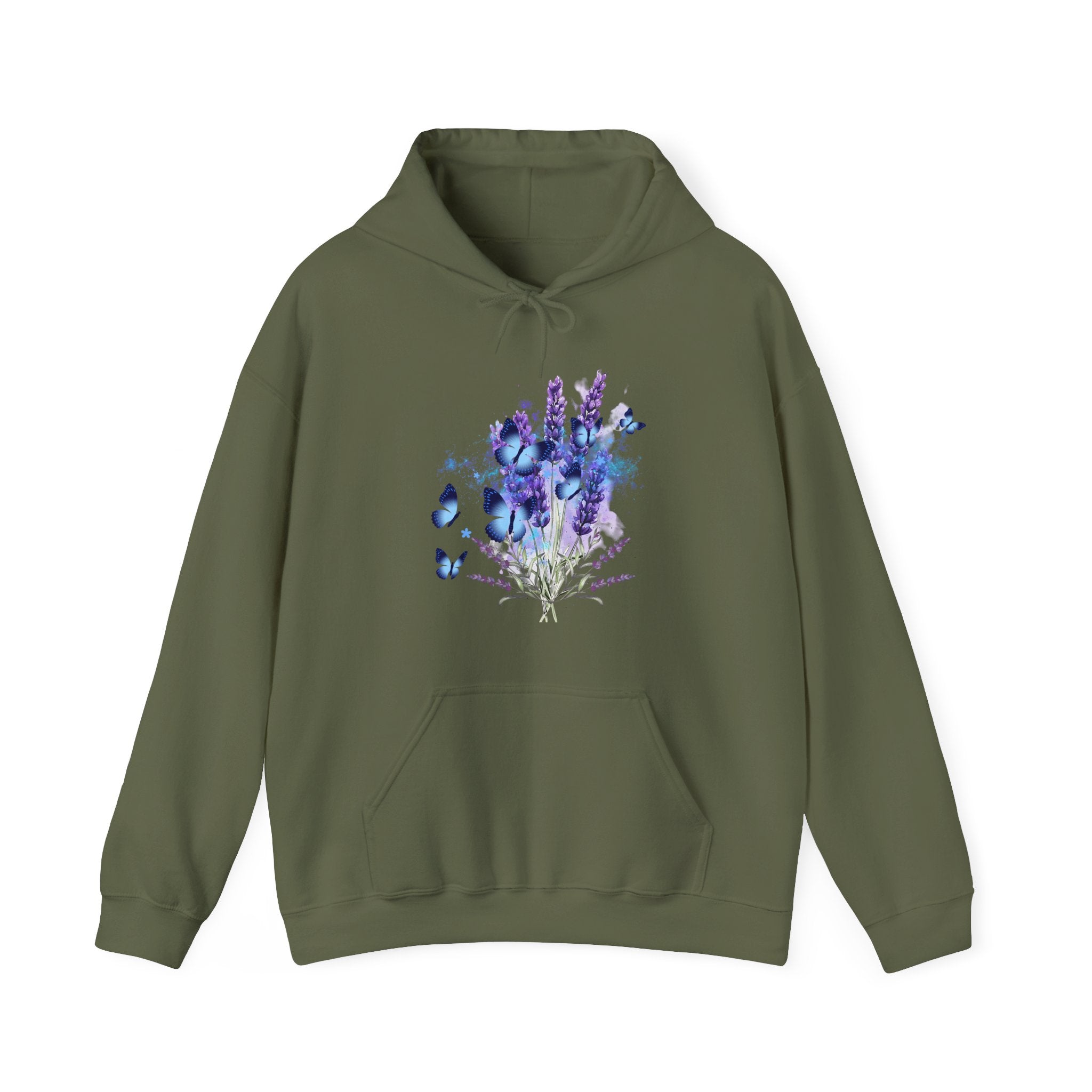 Military green hoodie with a floral design on a white background