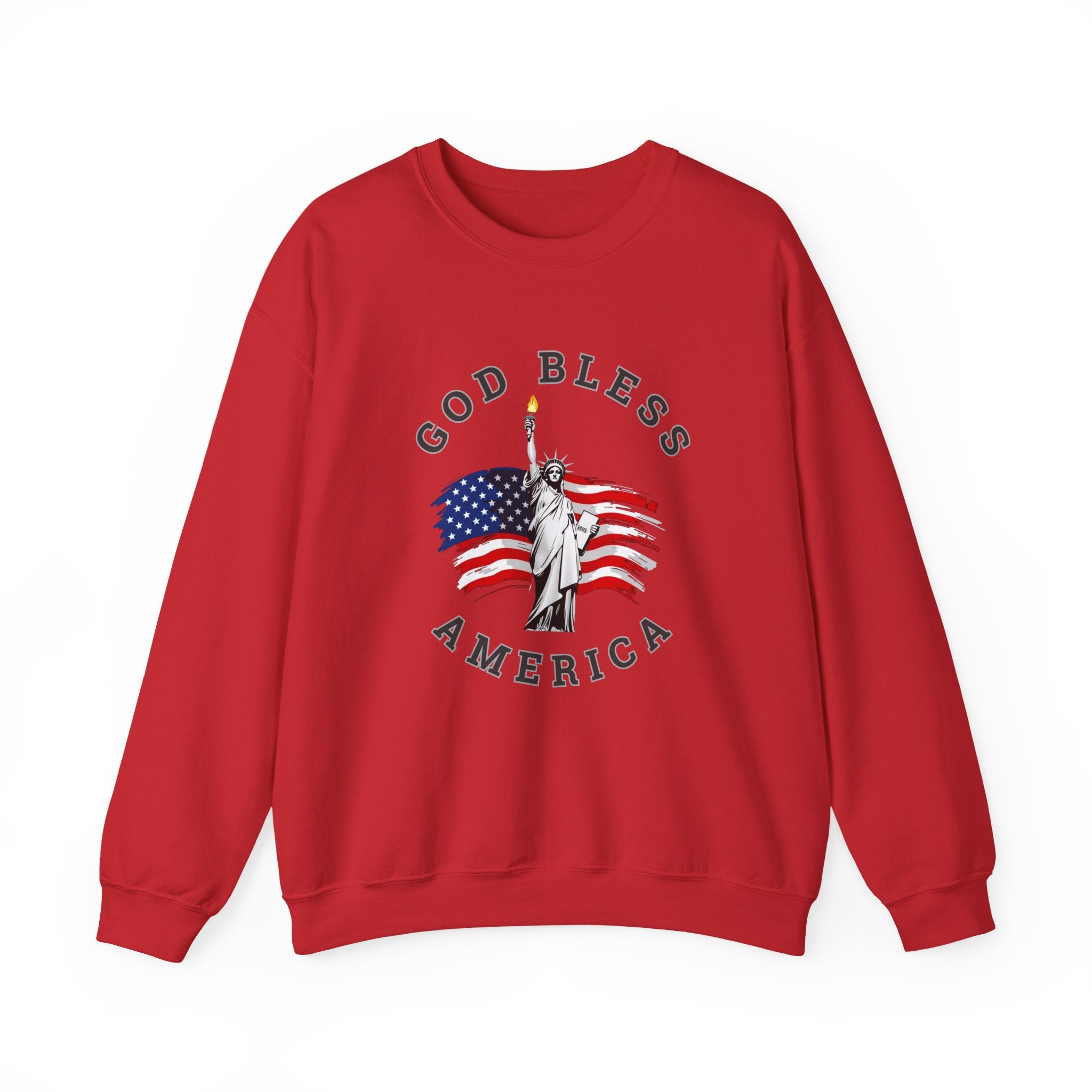 Red sweatshirt with 'God Bless America' graphic featuring the Statue of Liberty and American flag on a white background.