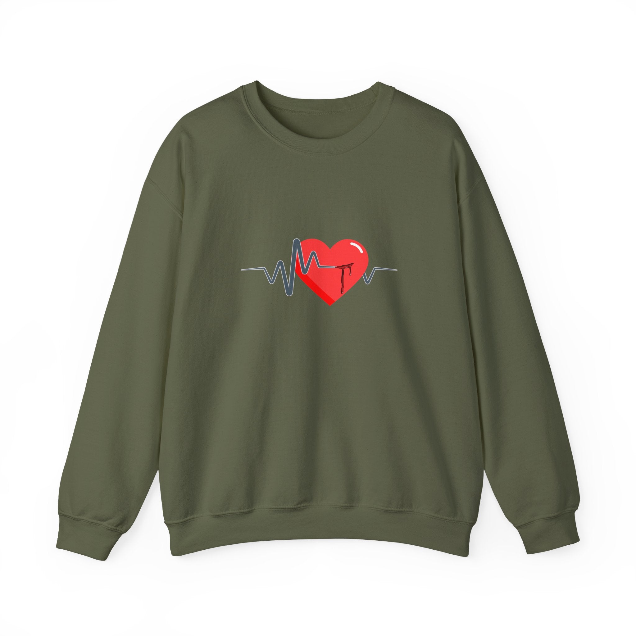 Green sweatshirt with a red heart and heartbeat line design on a white background