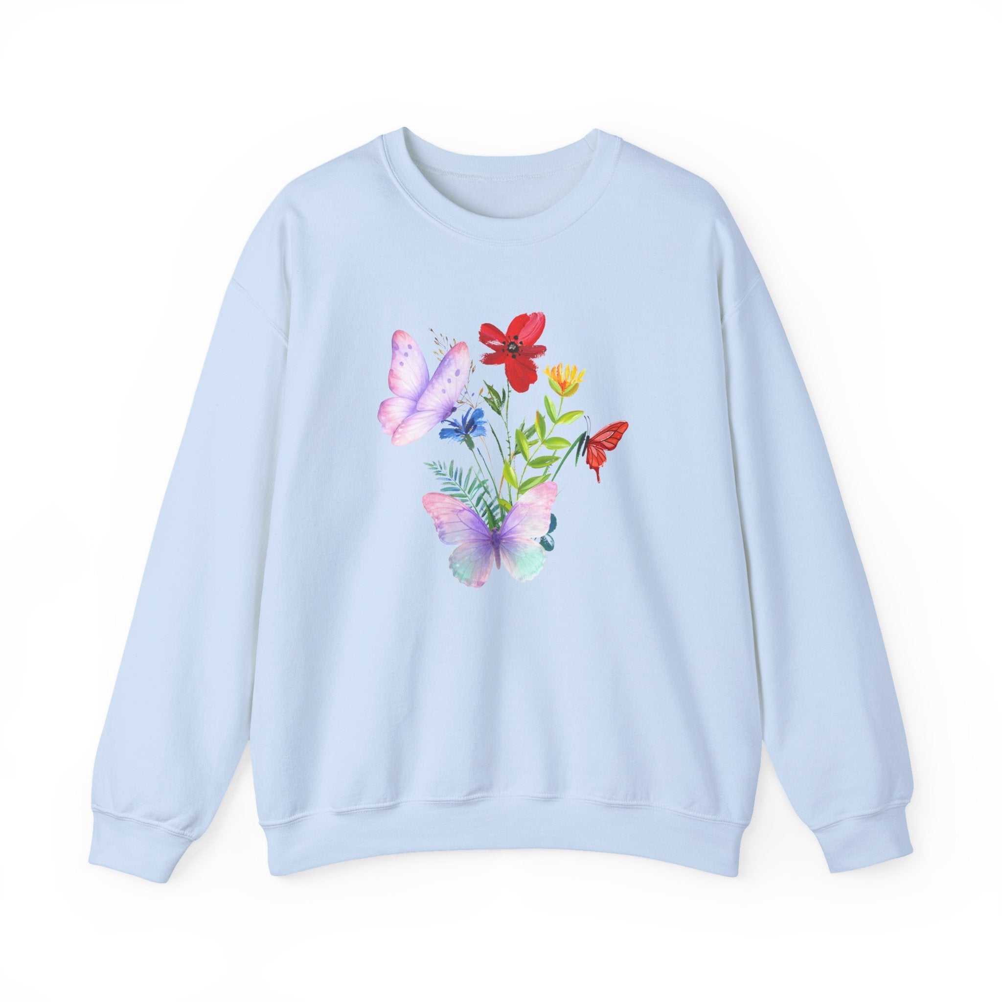 Light blue sweatshirt with butterfly and floral design on a white background