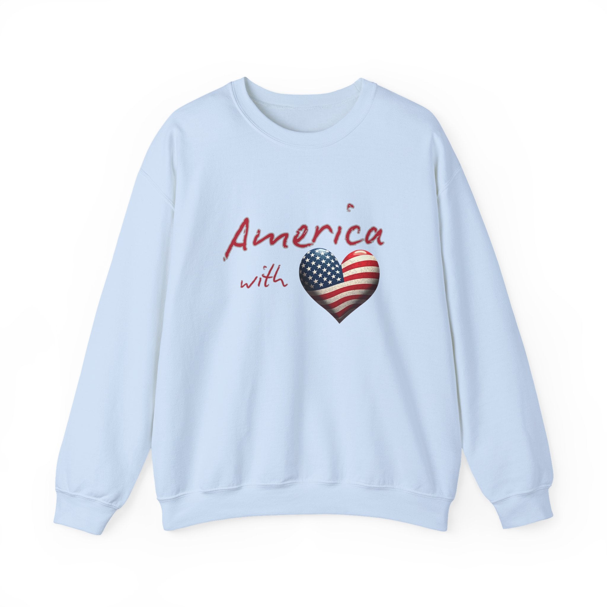 Light blue sweatshirt with 'America with Heart' design on a white background