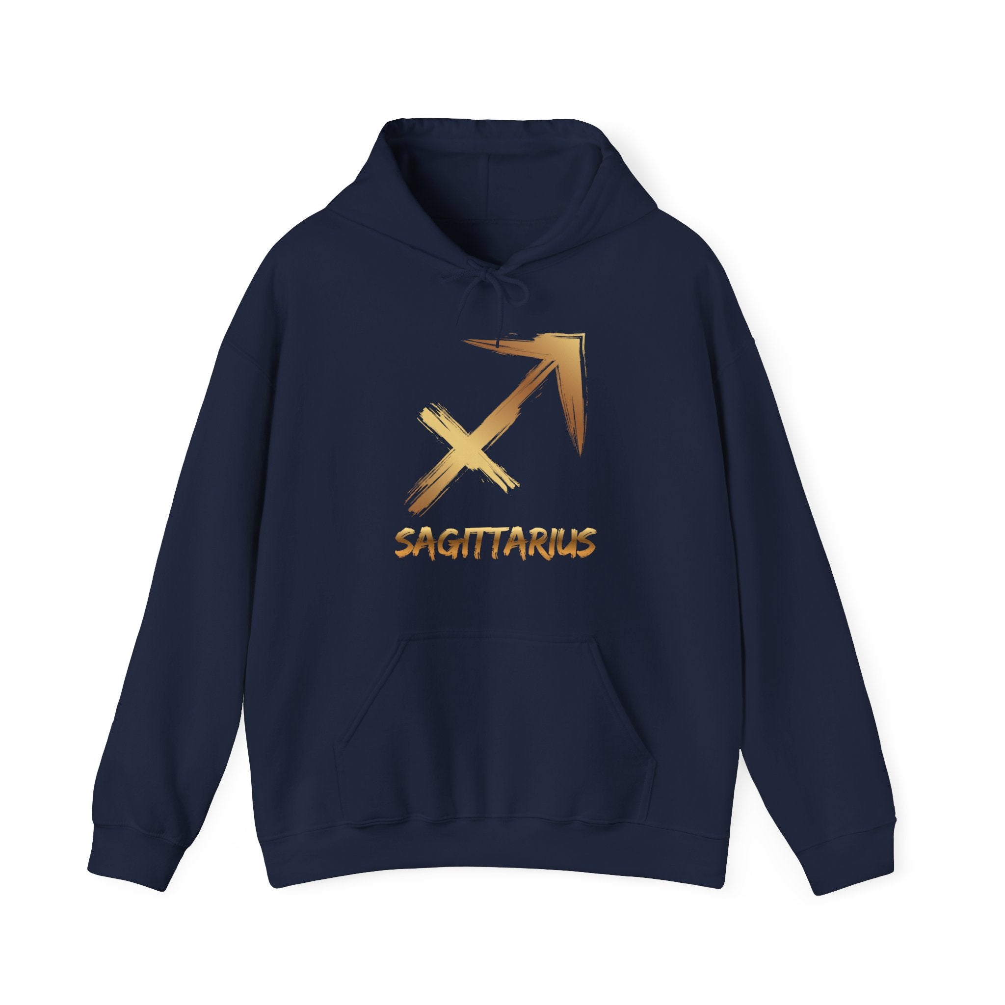 Navy blue hoodie with gold Sagittarius symbol and text on a white background
