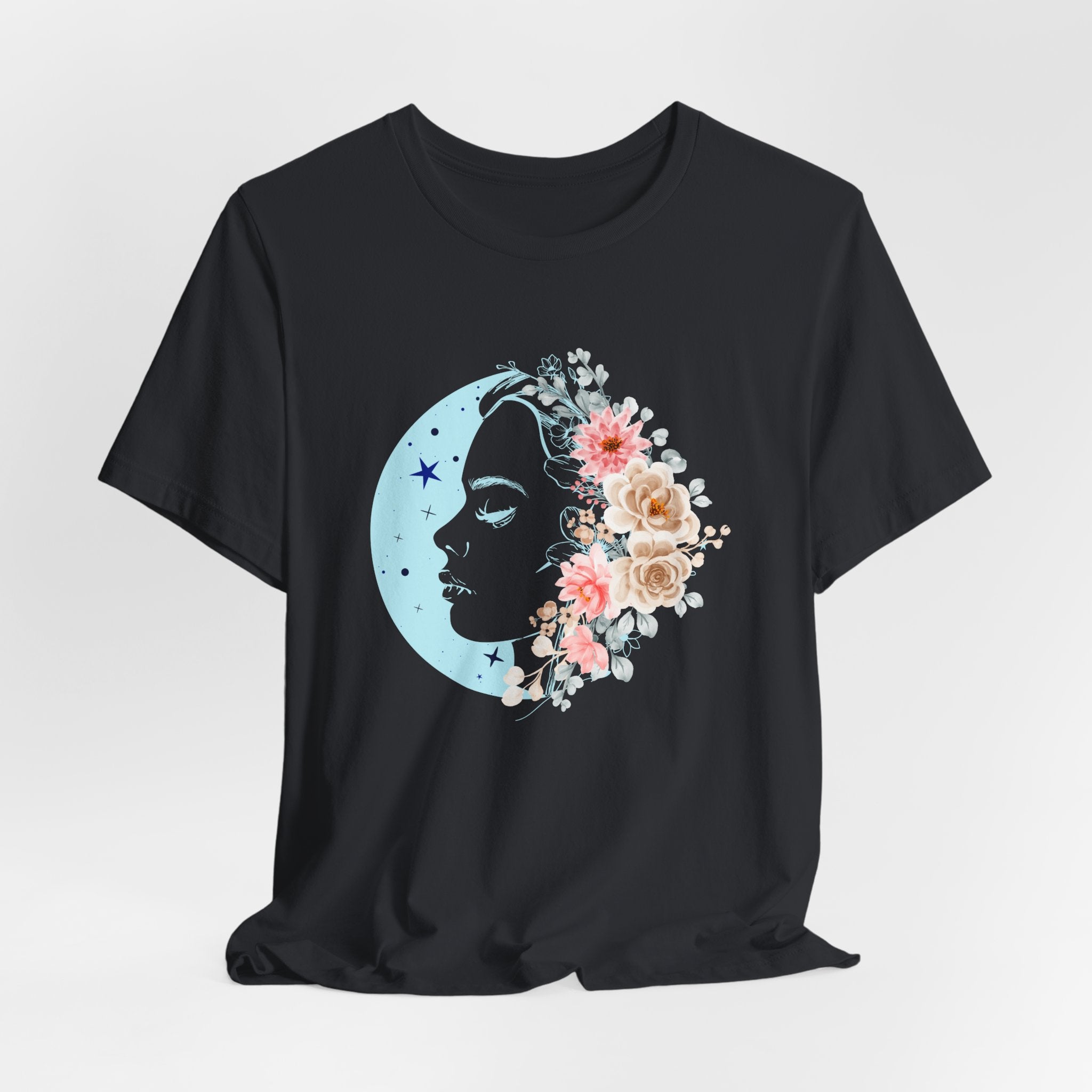 Black t-shirt with a floral crescent moon design on a white background