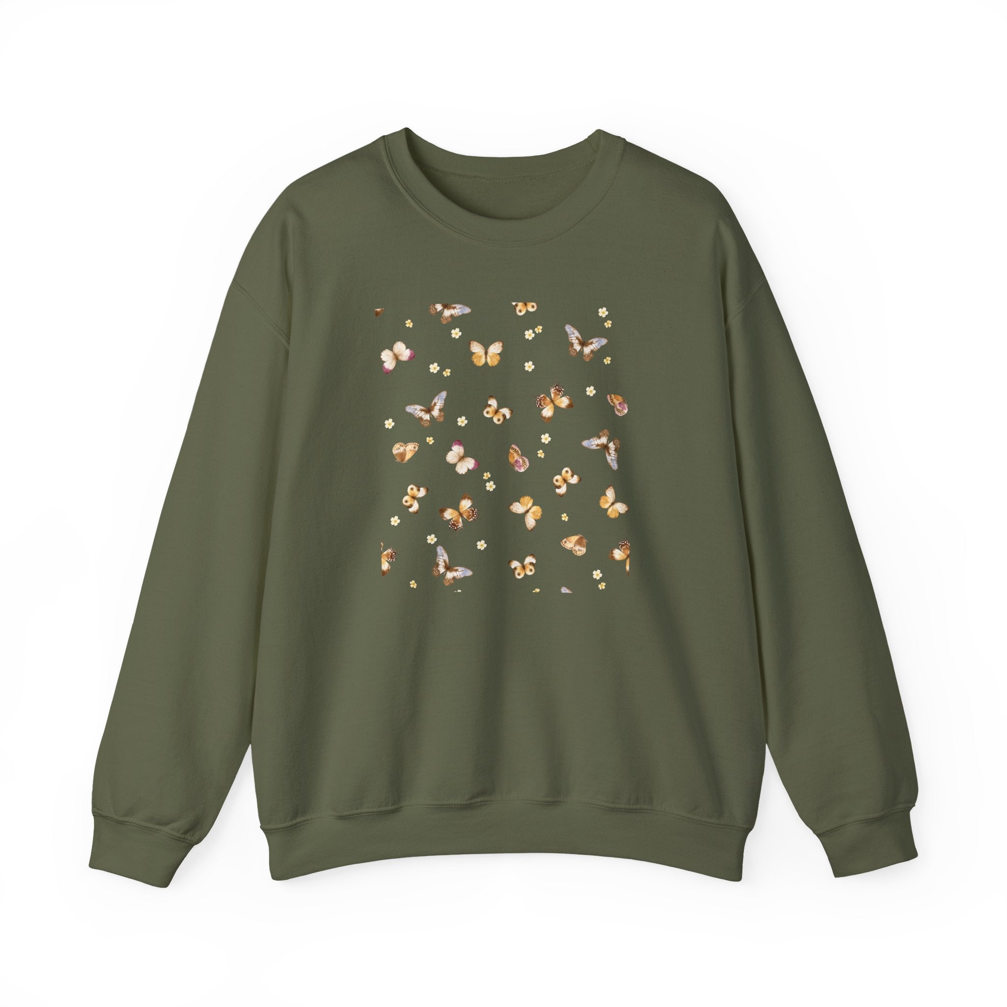 Green sweatshirt with a butterfly and flower design on a white background