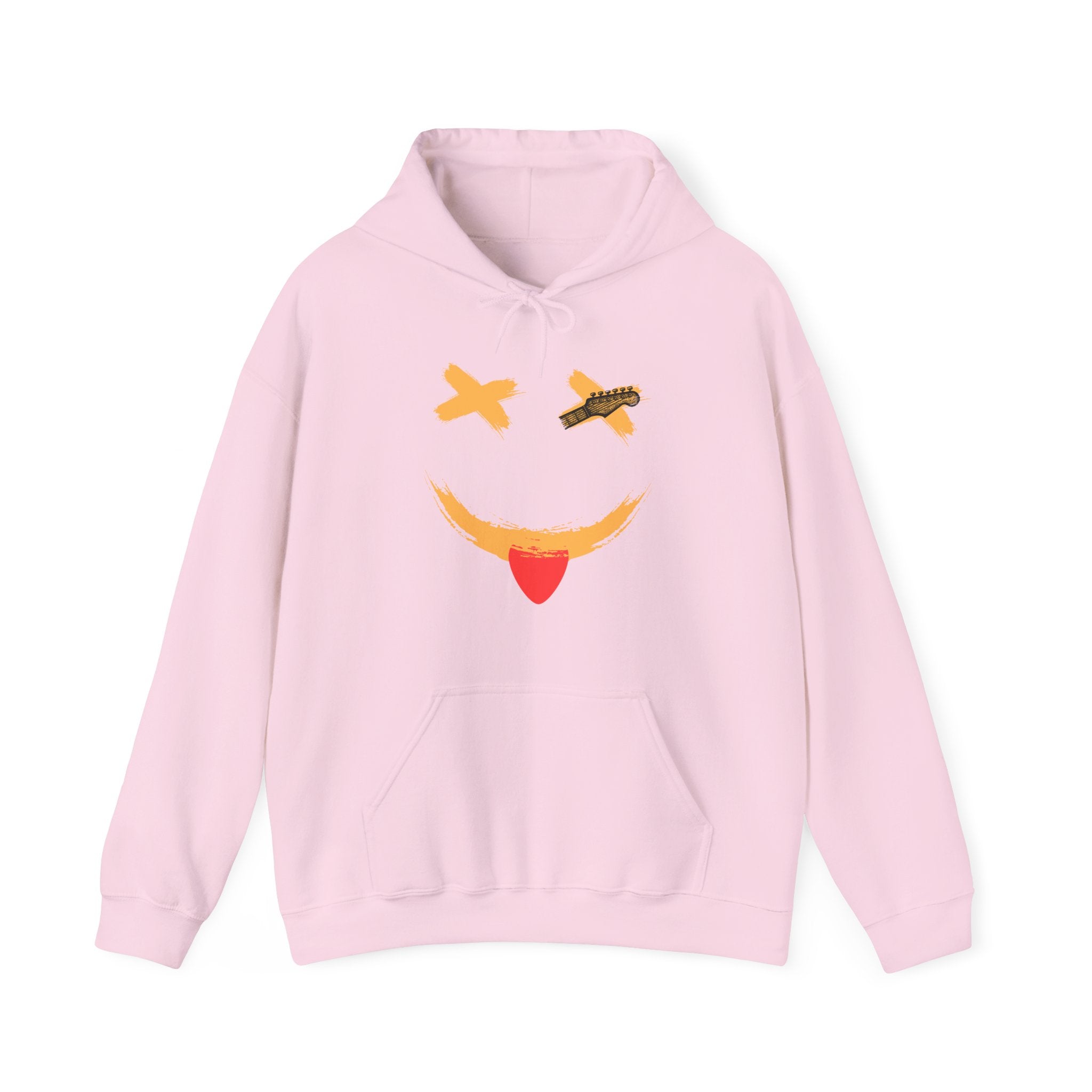 Pink hoodie with a smiley face guitar graphic design on a white background