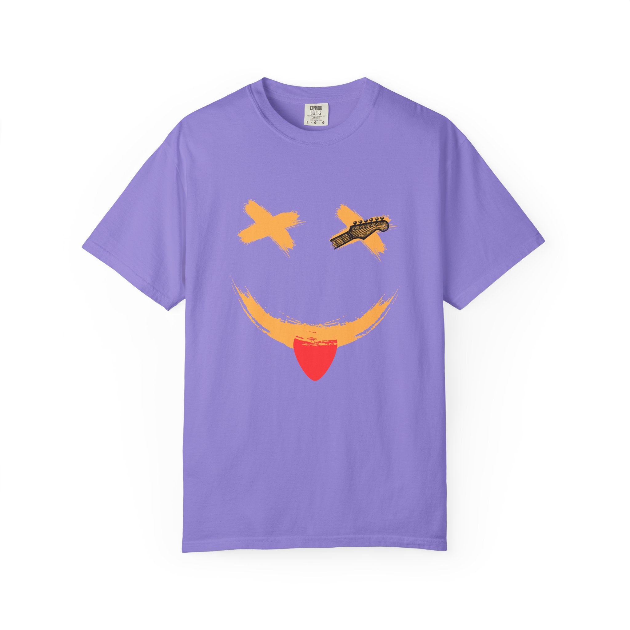 Purple t-shirt with a colorful face design on a white background