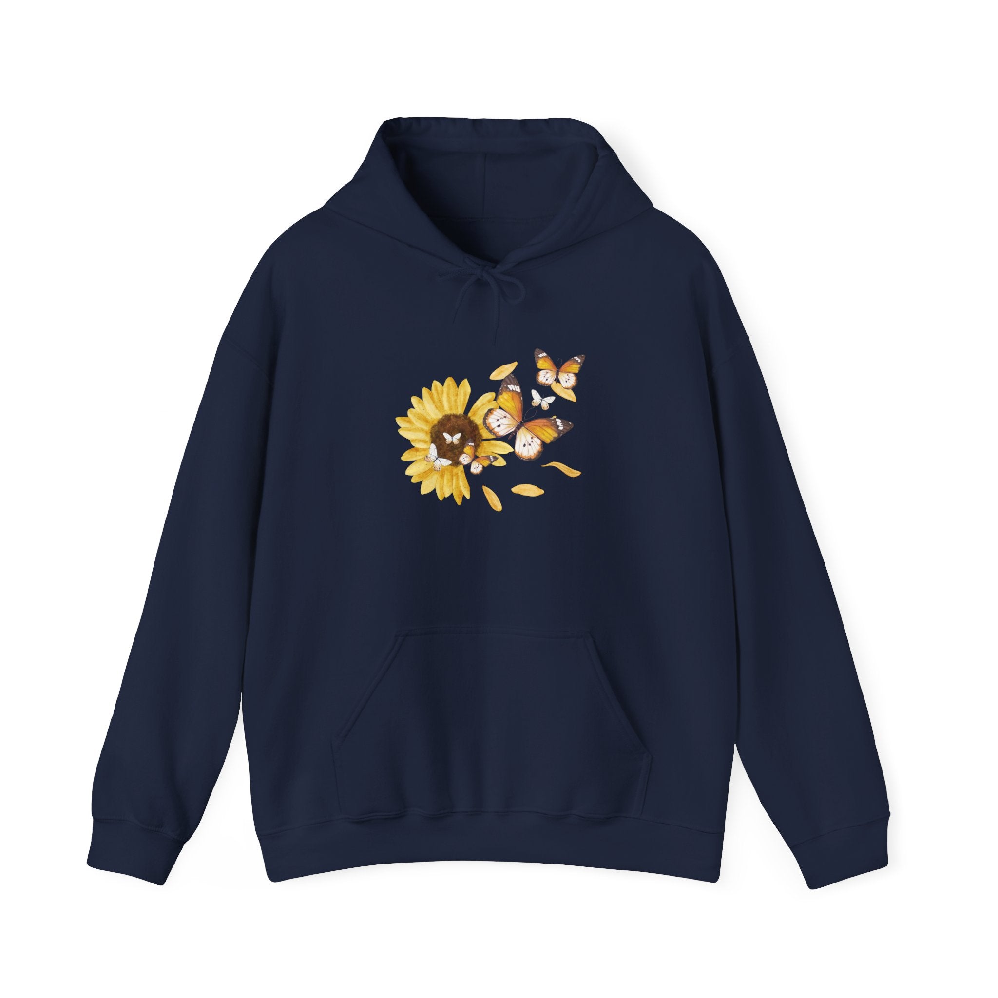 Navy blue hoodie with sunflower and butterfly design on a white background
