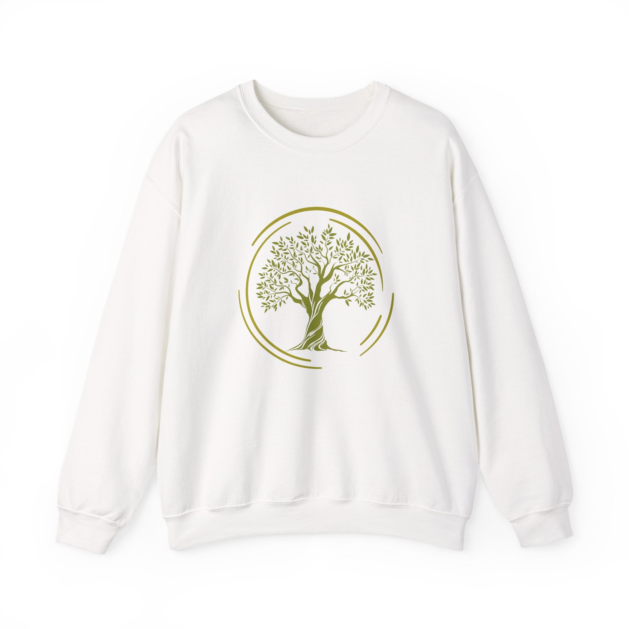 White sweatshirt with a green tree design on a white background